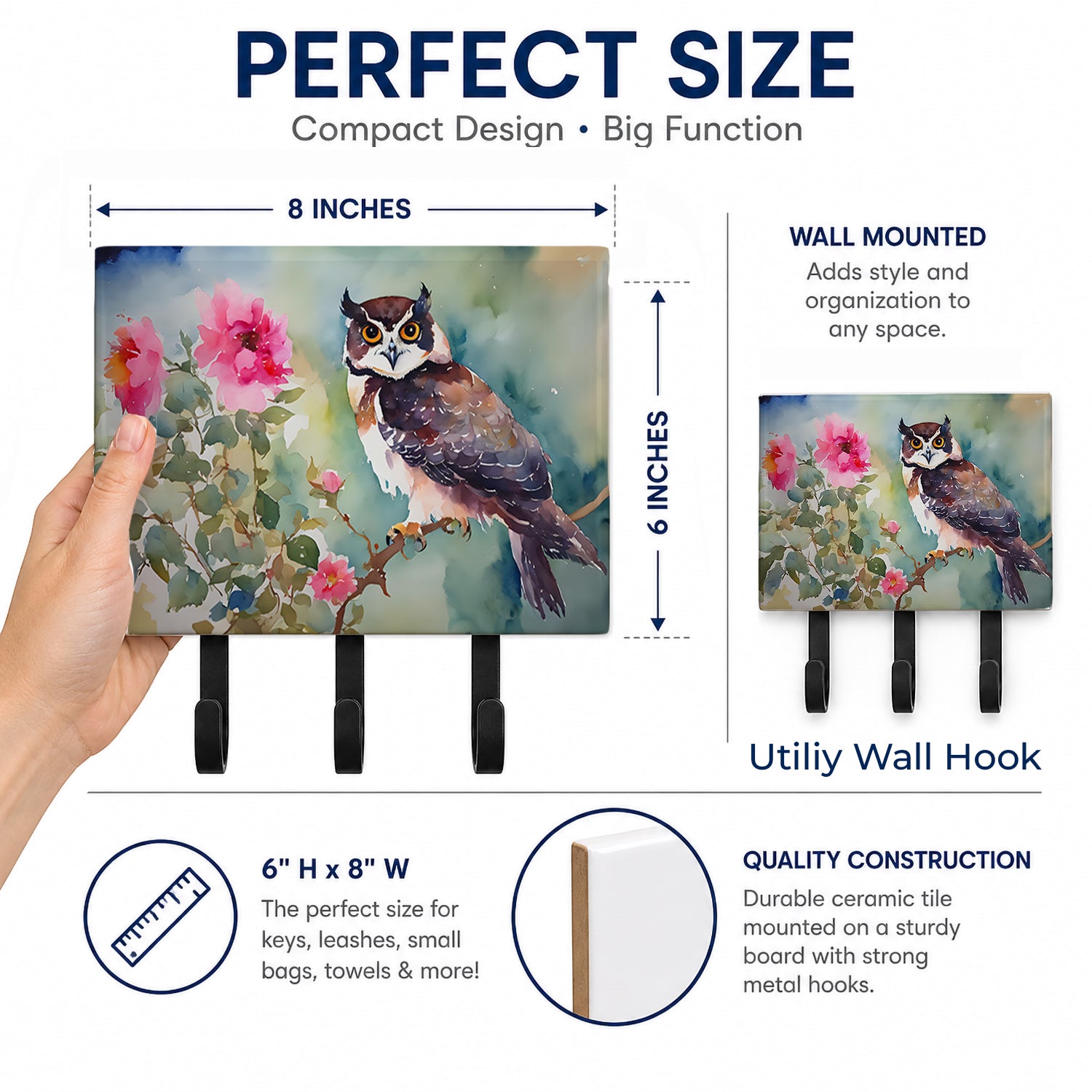 Spectacled Owl Perched with Pink Flowers Leash or Key Holder Wall Hooks, Coat Rack Wall Mount, for Hanging Keys, Towels, Aprons, Leashes