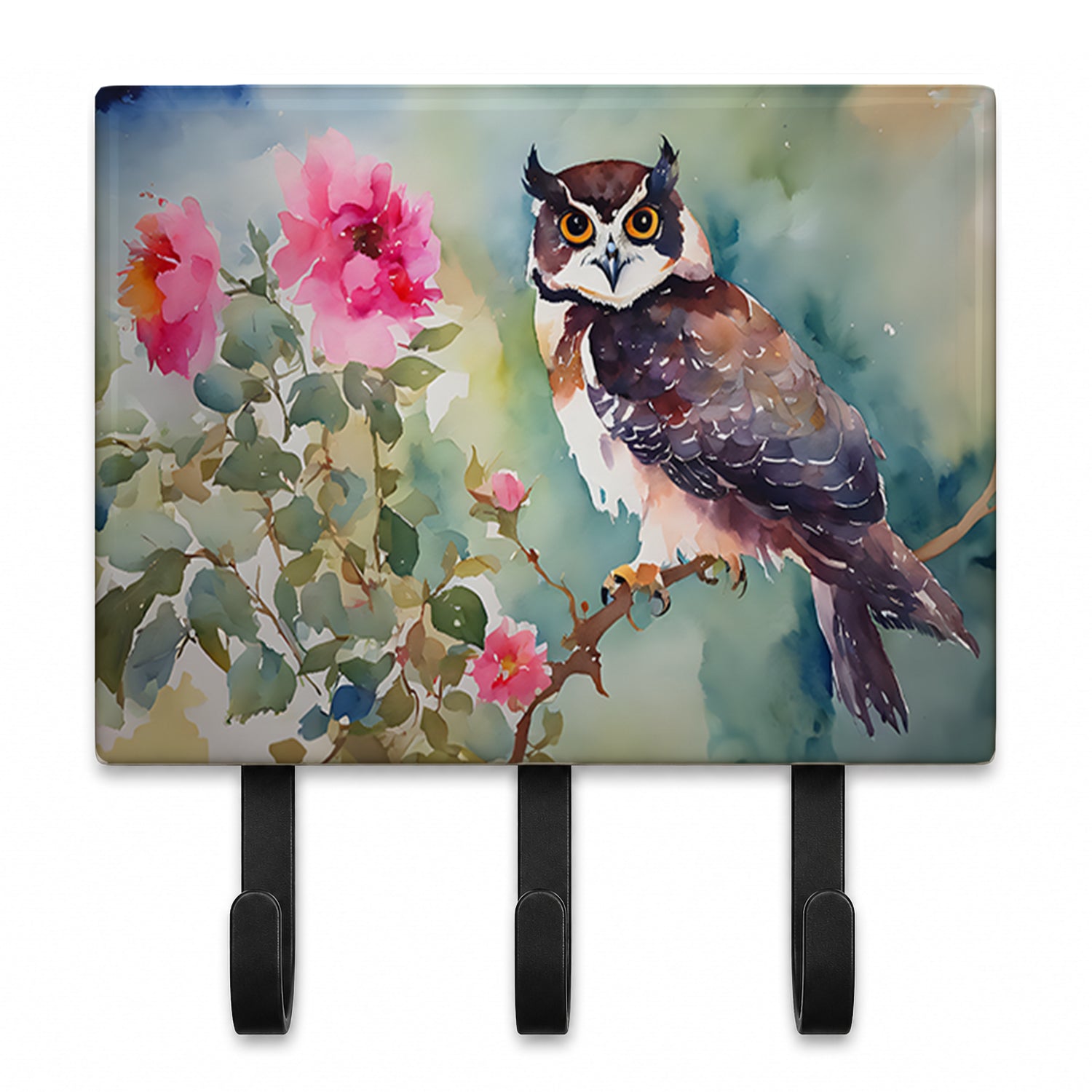Spectacled Owl Perched with Pink Flowers Leash or Key Holder Wall Hooks, Coat Rack Wall Mount, for Hanging Keys, Towels, Aprons, Leashes
