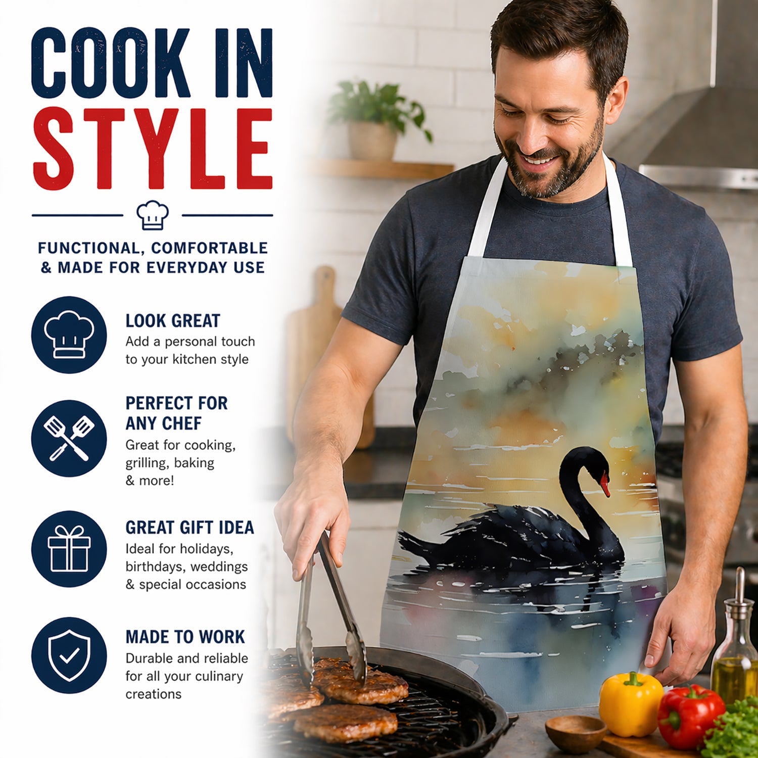 Black Swan Swimming Calm Water Apron Cooking Kitchen Server Baking Crafts Gardening for Adult Women Men, Unisex, Large, Multicolor