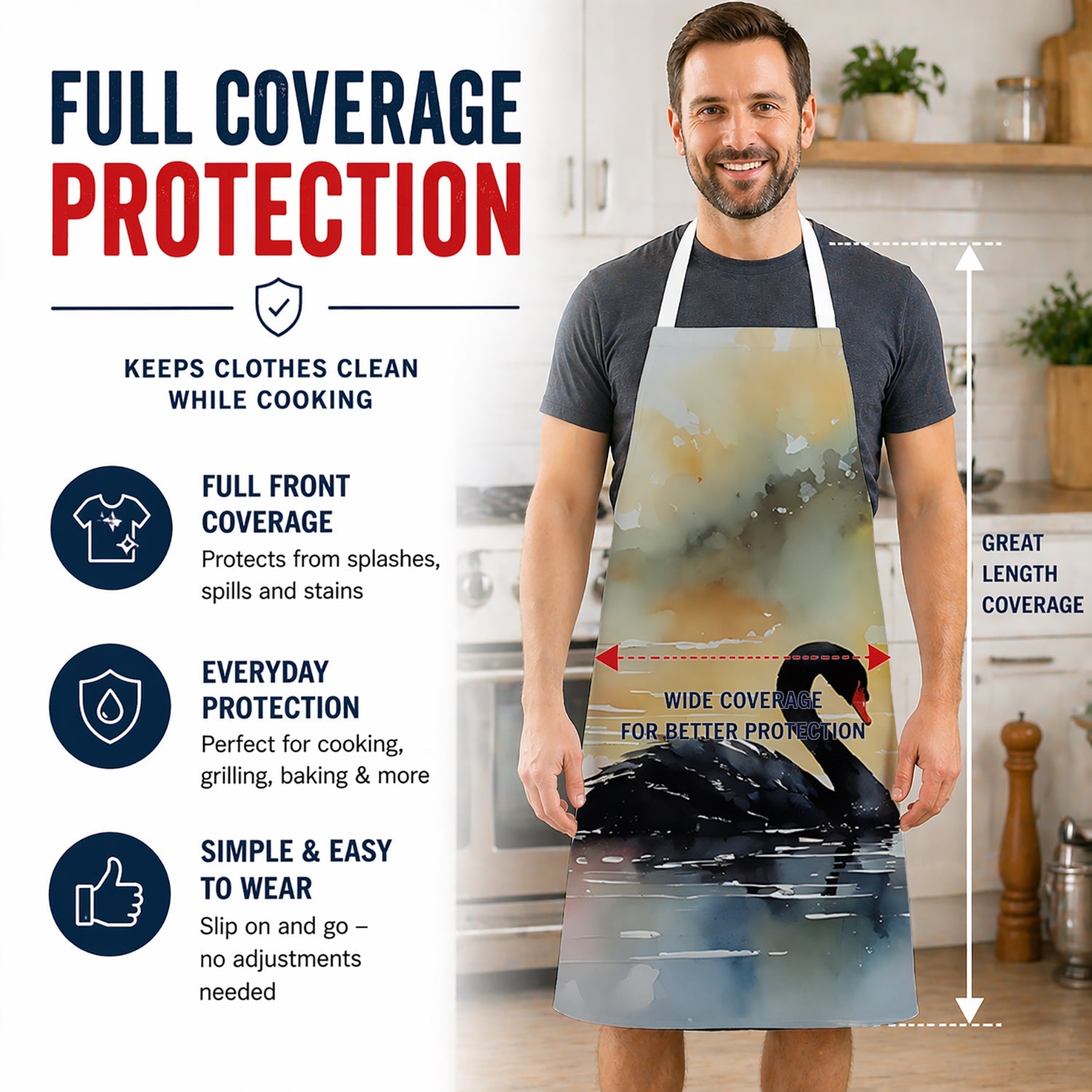 Black Swan Swimming Calm Water Apron Cooking Kitchen Server Baking Crafts Gardening for Adult Women Men, Unisex, Large, Multicolor