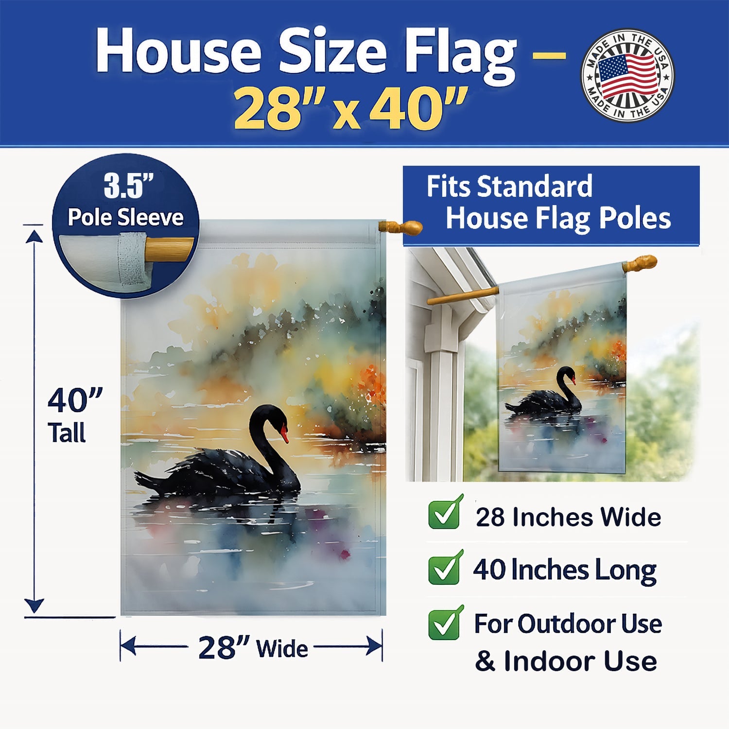 Black Swan Swimming Calm Water House Flag 28x40 Porch Sleeve Pole Decorative Outside Yard Banner Artwork Wall Hanging, Polyester