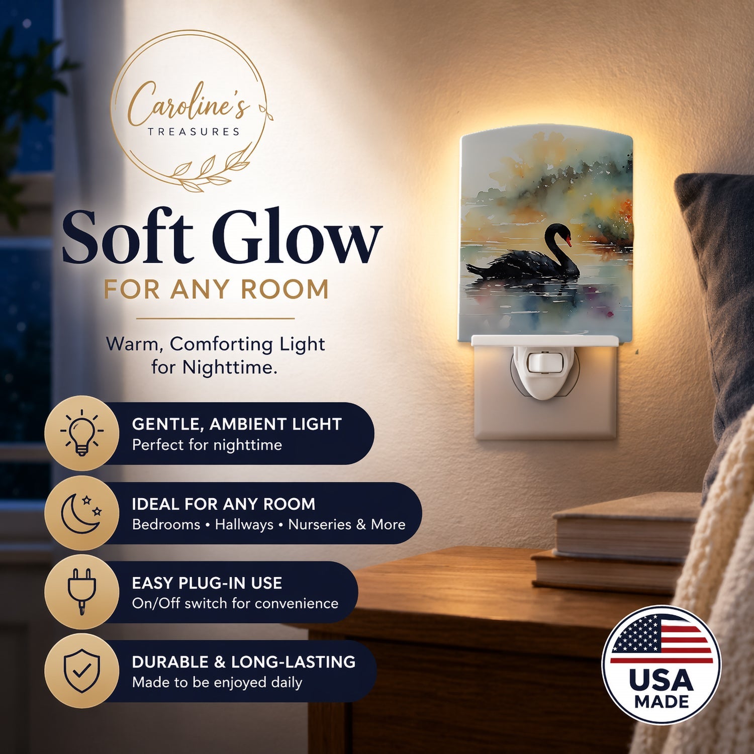 Black Swan Swimming Calm Water Ceramic Night Light Compact, UL-Certified, Ideal for Bedroom, Bathroom, Nursery, Hallway, Kitchen, 6x4x3, Multicolor