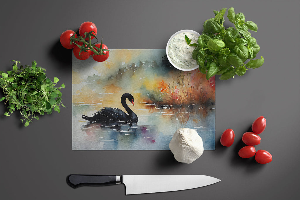 Black Swan Swimming Calm Water Cutting Board Tempered Glass Kitchen Cutting Surface, Heat Resistant Chopping, Non-Slip Feet, Food Prep & Serving
