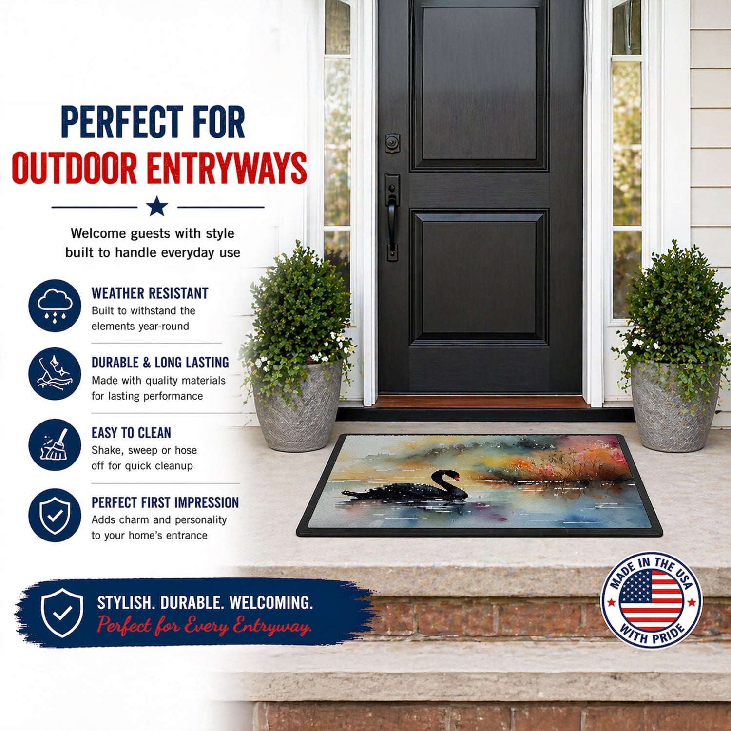 Black Swan Swimming Calm Water Doormat Indoor Outdoor 18H X 27W Front Door Mat Rugs for Entryway, Non Slip Washable