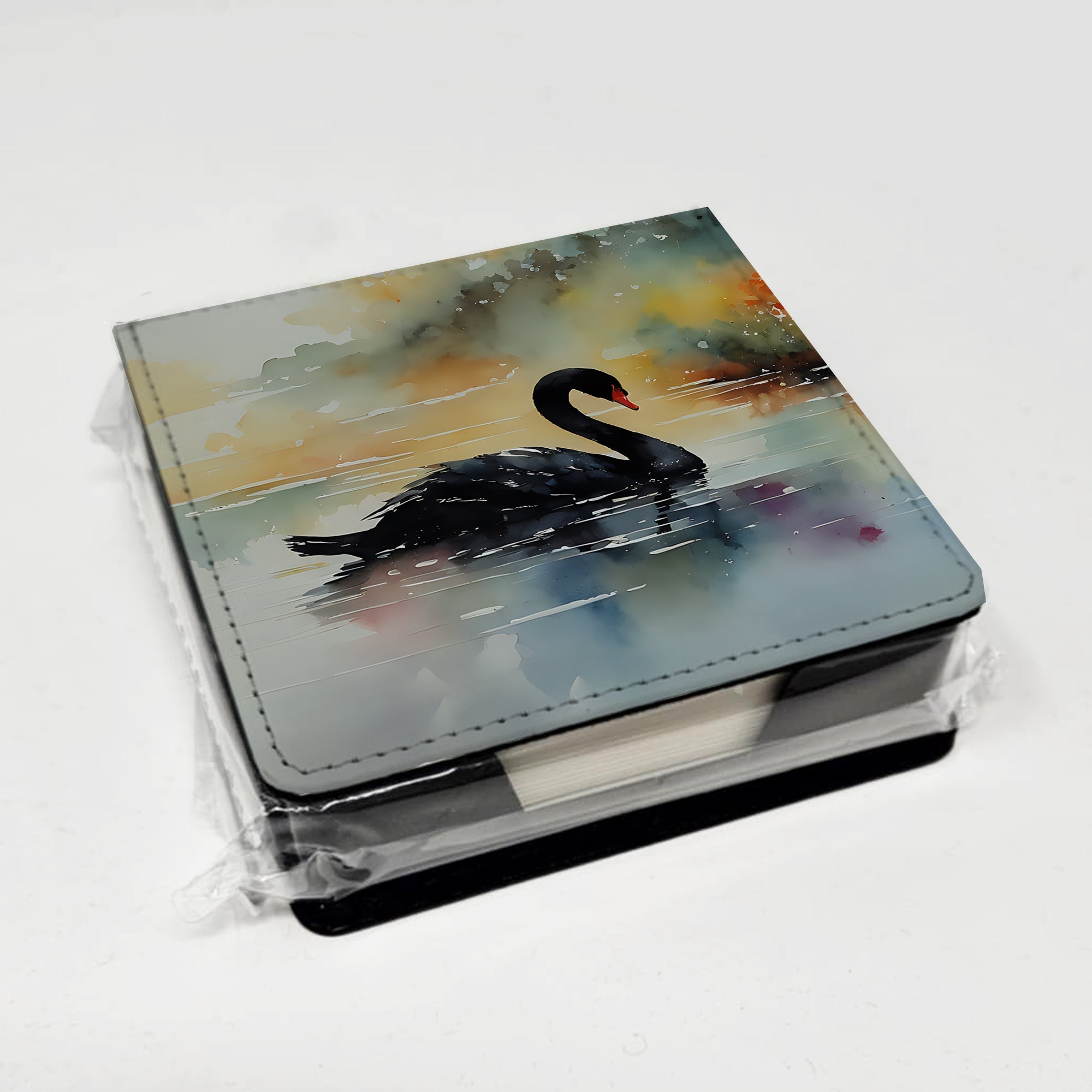 Black Swan Swimming Calm Water PU Leather Note Paper Holder with Artist-Designed Cover, Desk Accessory, Office Gift