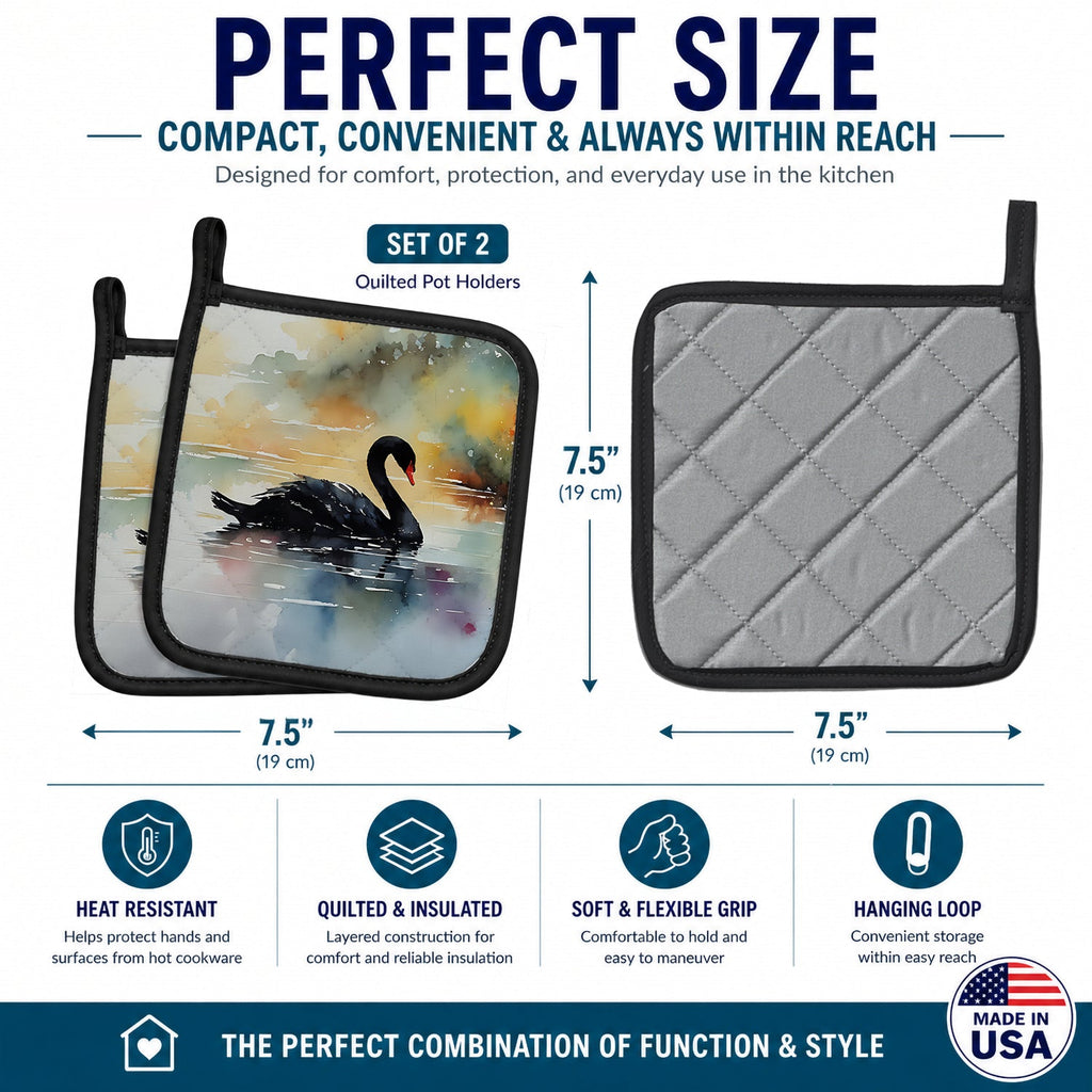 Black Swan Swimming Calm Water Pot Holder Set of 2 Heat Resistant Quilted Hot Pads 7.5 x 7.5 Inch, Insulated Kitchen Trivets for Cooking & Baking
