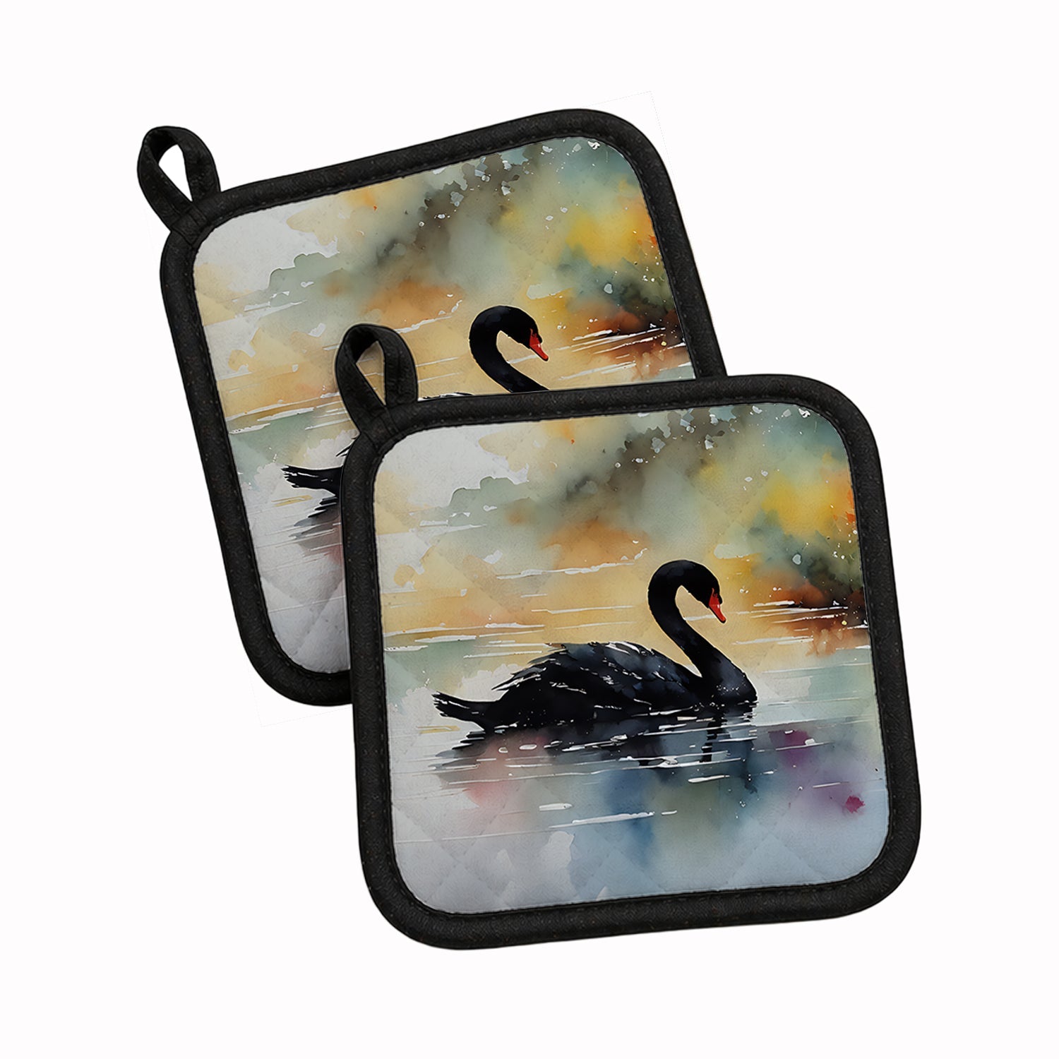 Black Swan Swimming Calm Water Pot Holder Set of 2 Heat Resistant Quilted Hot Pads 7.5 x 7.5 Inch, Insulated Kitchen Trivets for Cooking & Baking