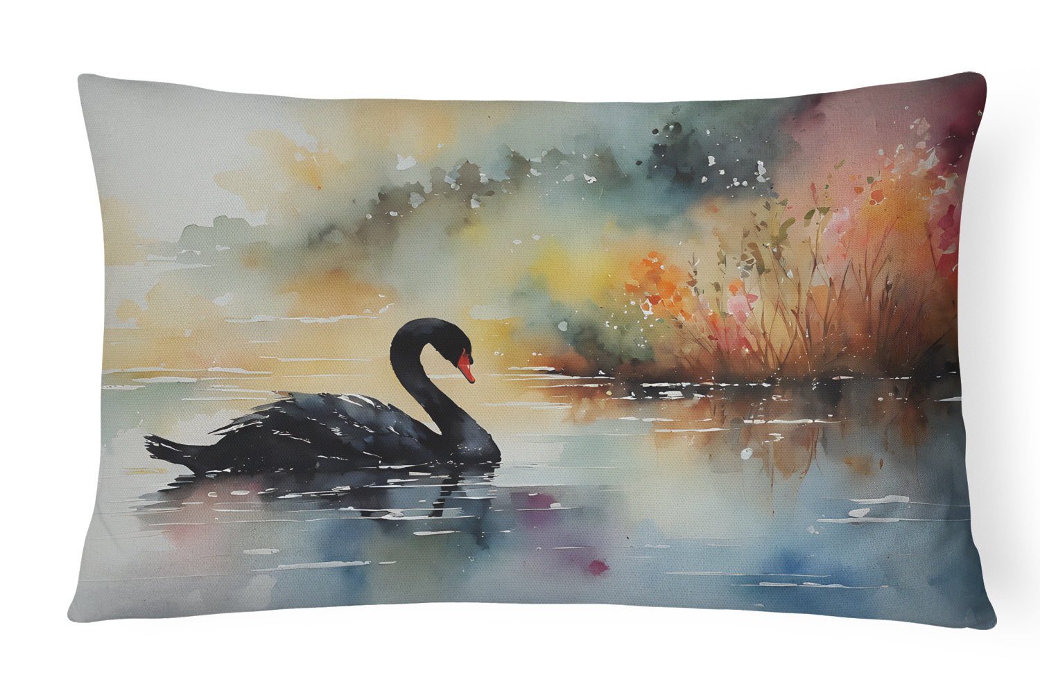 Black Swan Swimming Calm Water Decorative Throw Pillow 12x16 Indoor Outdoor Accent Cushion, Fabric Cover with Insert for Sofa, Bed, Porch & Living Room