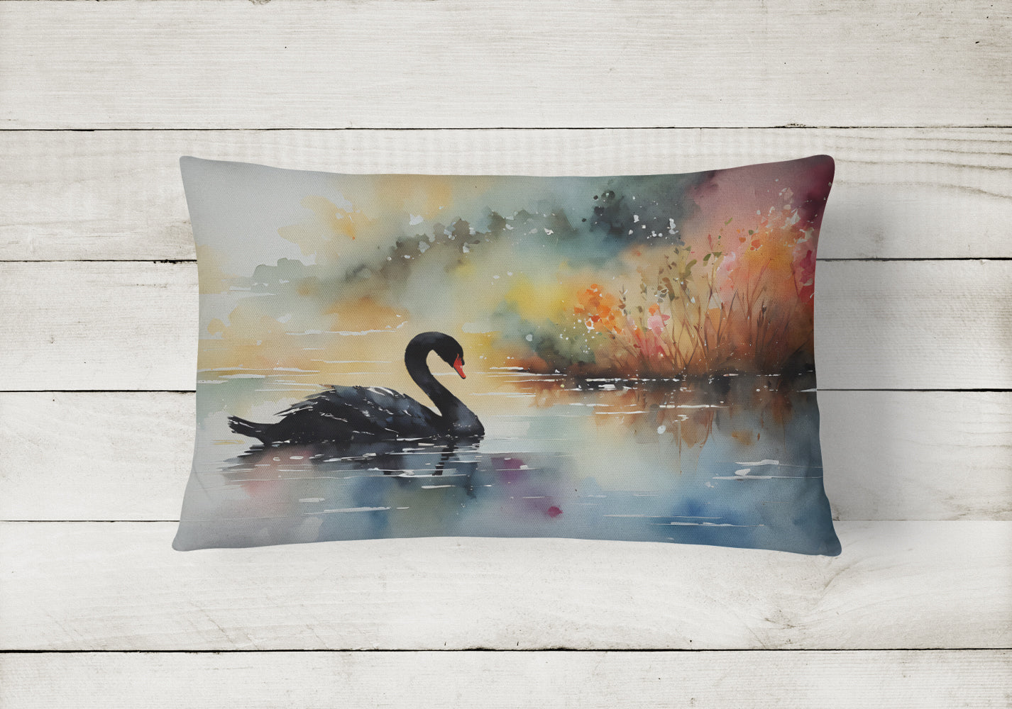 Black Swan Swimming Calm Water Decorative Throw Pillow 12x16 Indoor Outdoor Accent Cushion, Fabric Cover with Insert for Sofa, Bed, Porch & Living Room