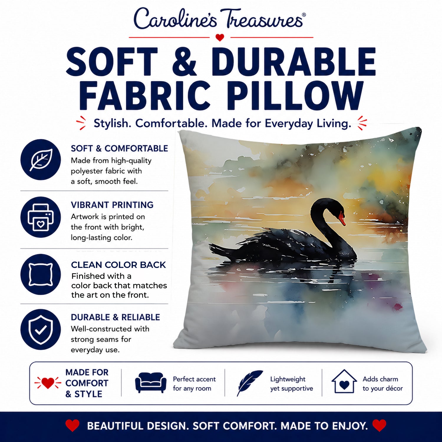 Black Swan Swimming Calm Water Decorative Throw Pillow 14x14 Indoor Outdoor Accent Cushion, Fabric Cover with Insert for Sofa, Bed, Porch & Living Room