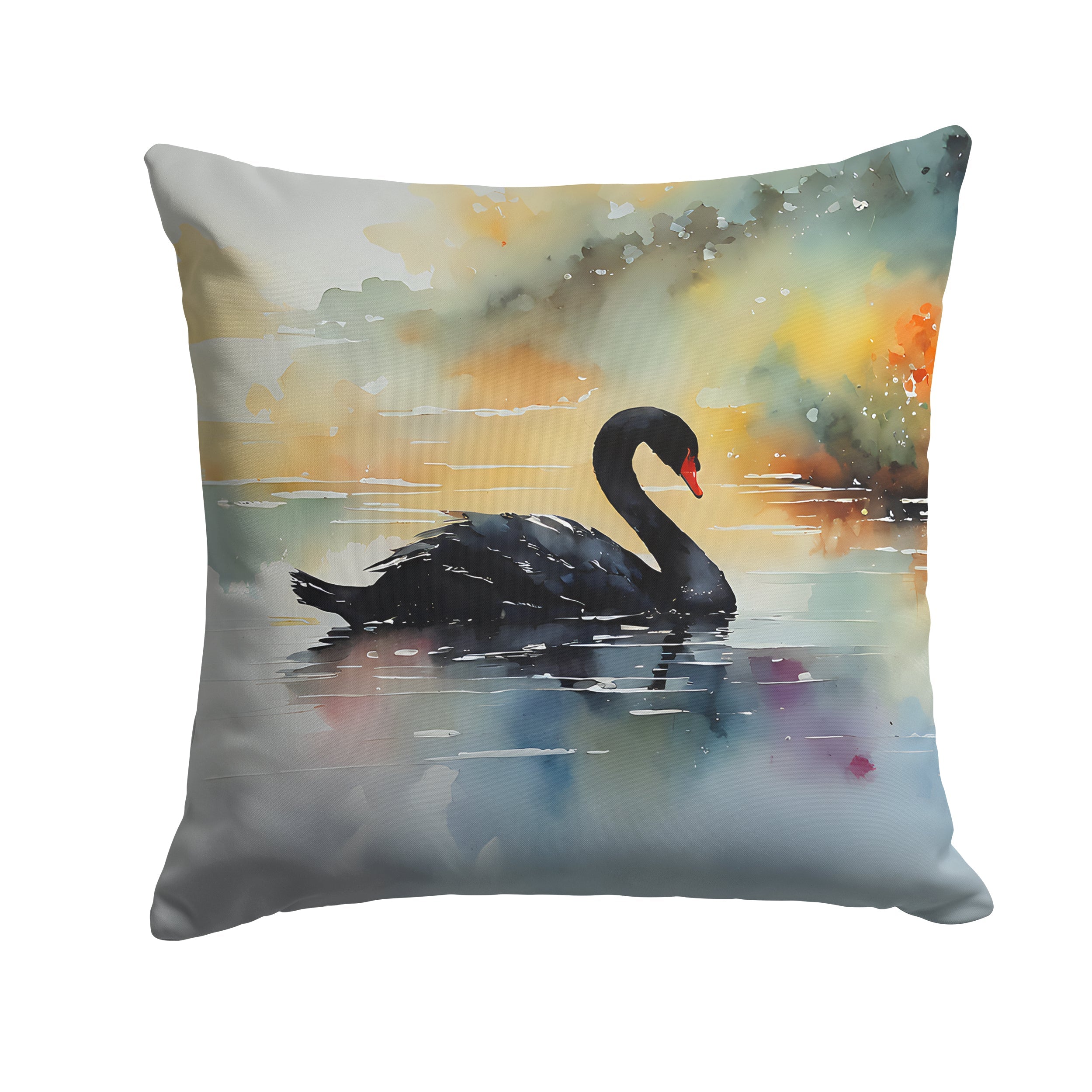 Black Swan Swimming Calm Water Decorative Throw Pillow 14x14 Indoor Outdoor Accent Cushion, Fabric Cover with Insert for Sofa, Bed, Porch & Living Room