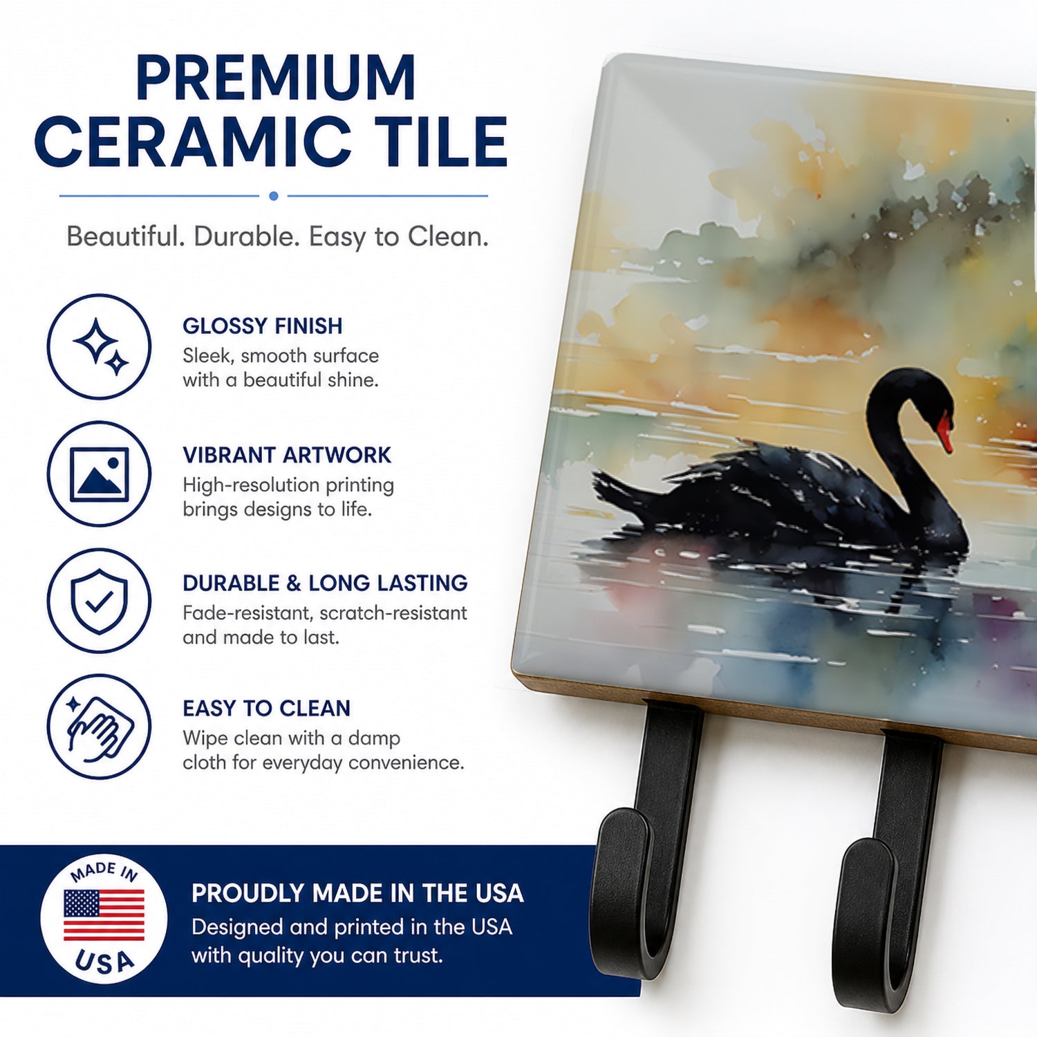 Black Swan Swimming Calm Water Leash or Key Holder Wall Hooks, Coat Rack Wall Mount, for Hanging Keys, Towels, Aprons, Leashes