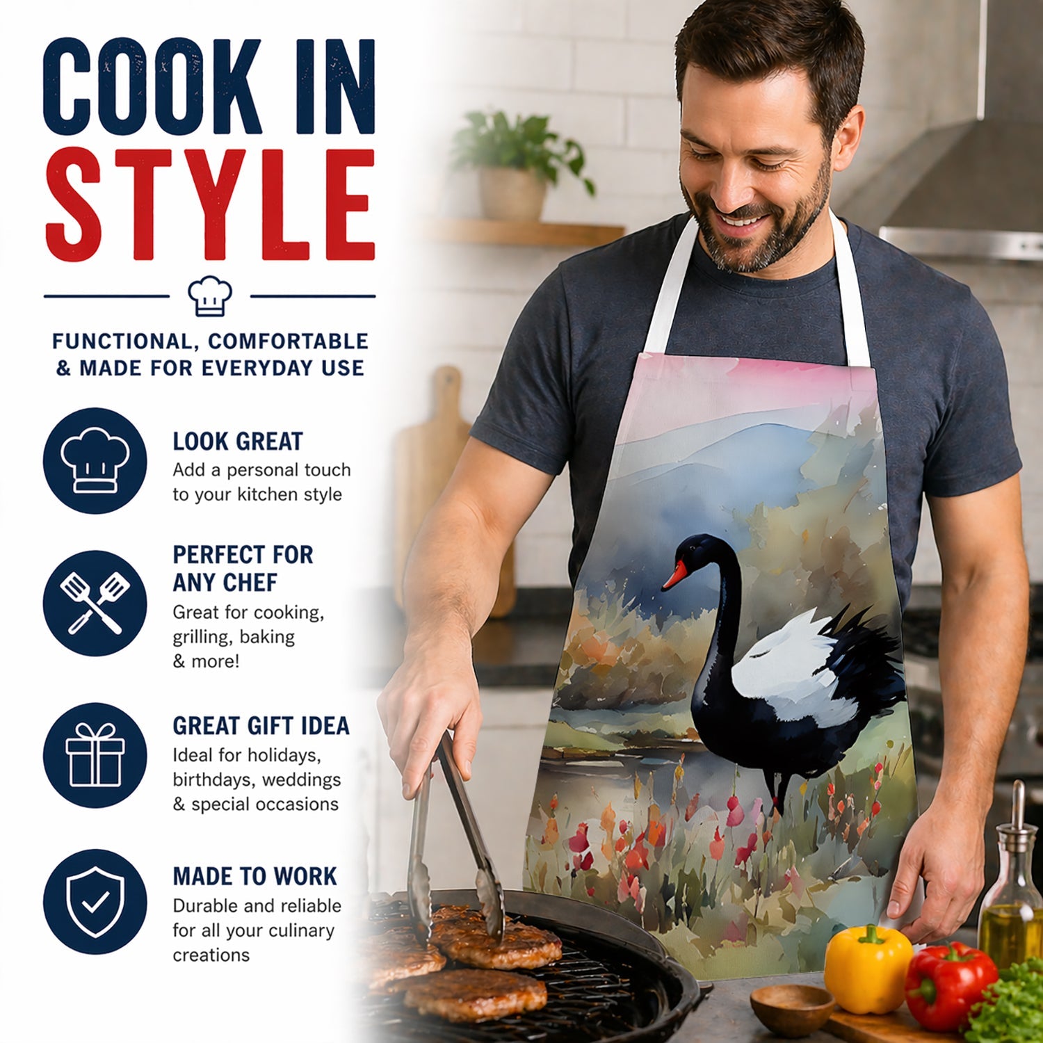 Black Swan Lake Scene Landscape Apron Cooking Kitchen Server Baking Crafts Gardening for Adult Women Men, Unisex, Large, Multicolor