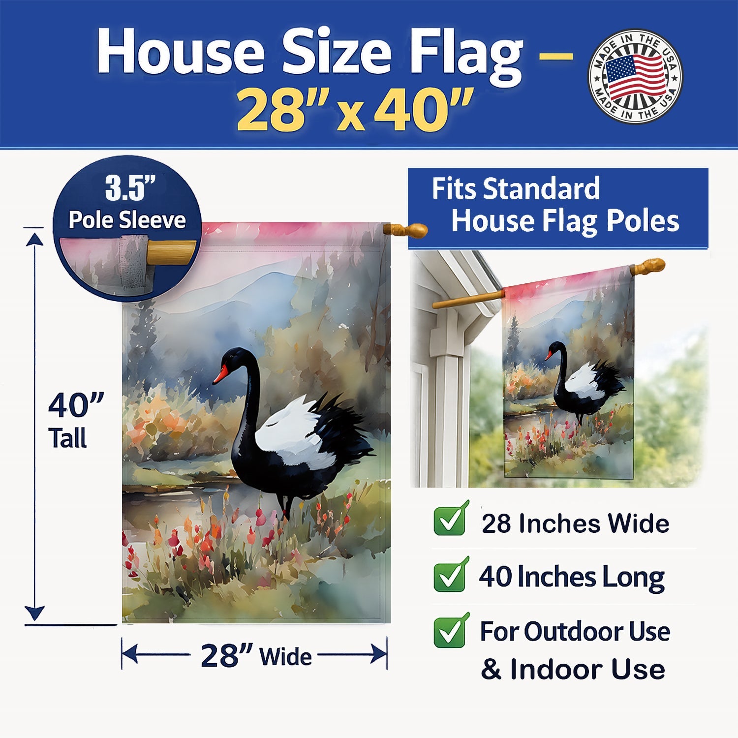 Black Swan Lake Scene Landscape House Flag 28x40 Porch Sleeve Pole Decorative Outside Yard Banner Artwork Wall Hanging, Polyester