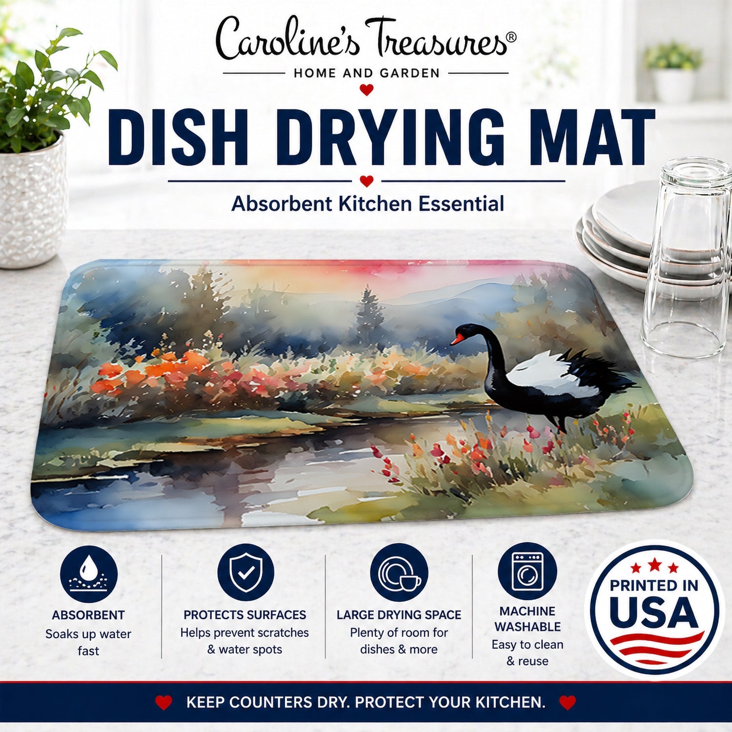 Black Swan Lake Scene Landscape Dish Drying Mat Absorbent Dish Drying Mat Pad for Kitchen Counter Dish Drainer Mat for Countertop, 14 x 21", Multicolor