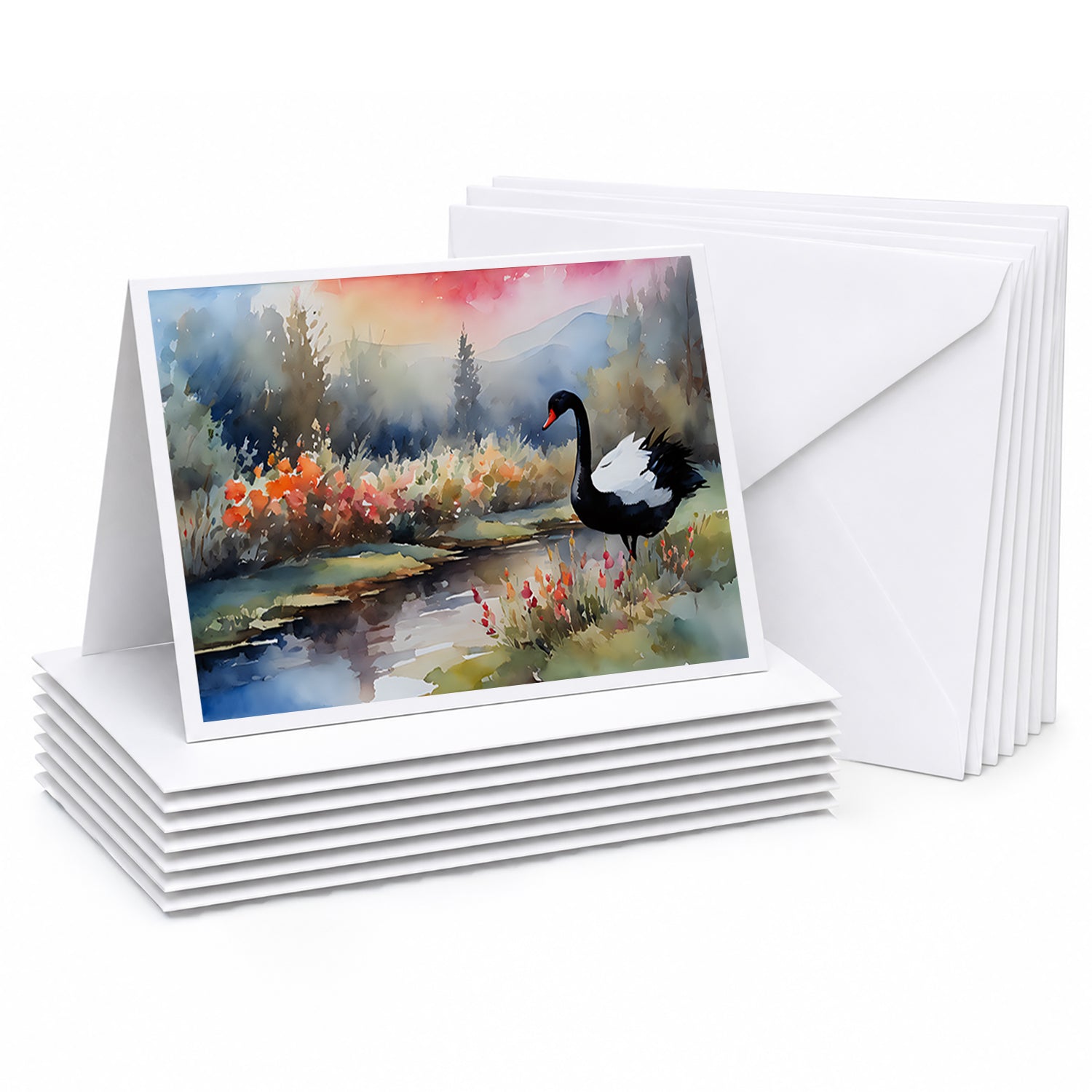 Black Swan Lake Scene Landscape Greeting Cards Pack of 8 Blank Cards with Envelopes Whimsical A7 Size 5x7