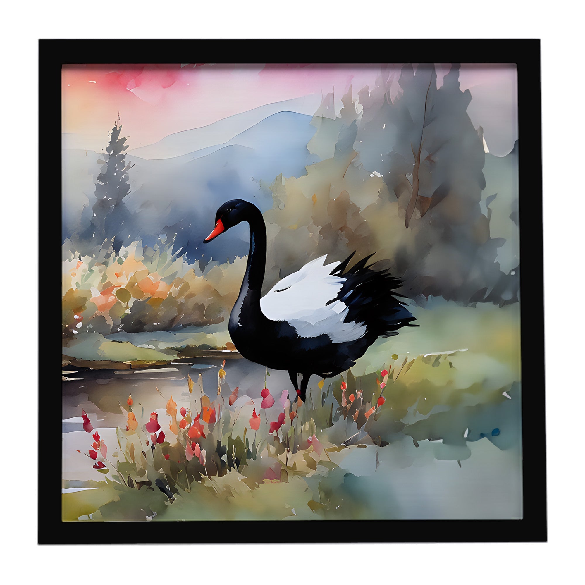 Black Swan Lake Scene Landscape Framed Metal Print Bathroom, Kitchen, Office, Home Decor Wall Art Ready to Hang, Square, 8X8