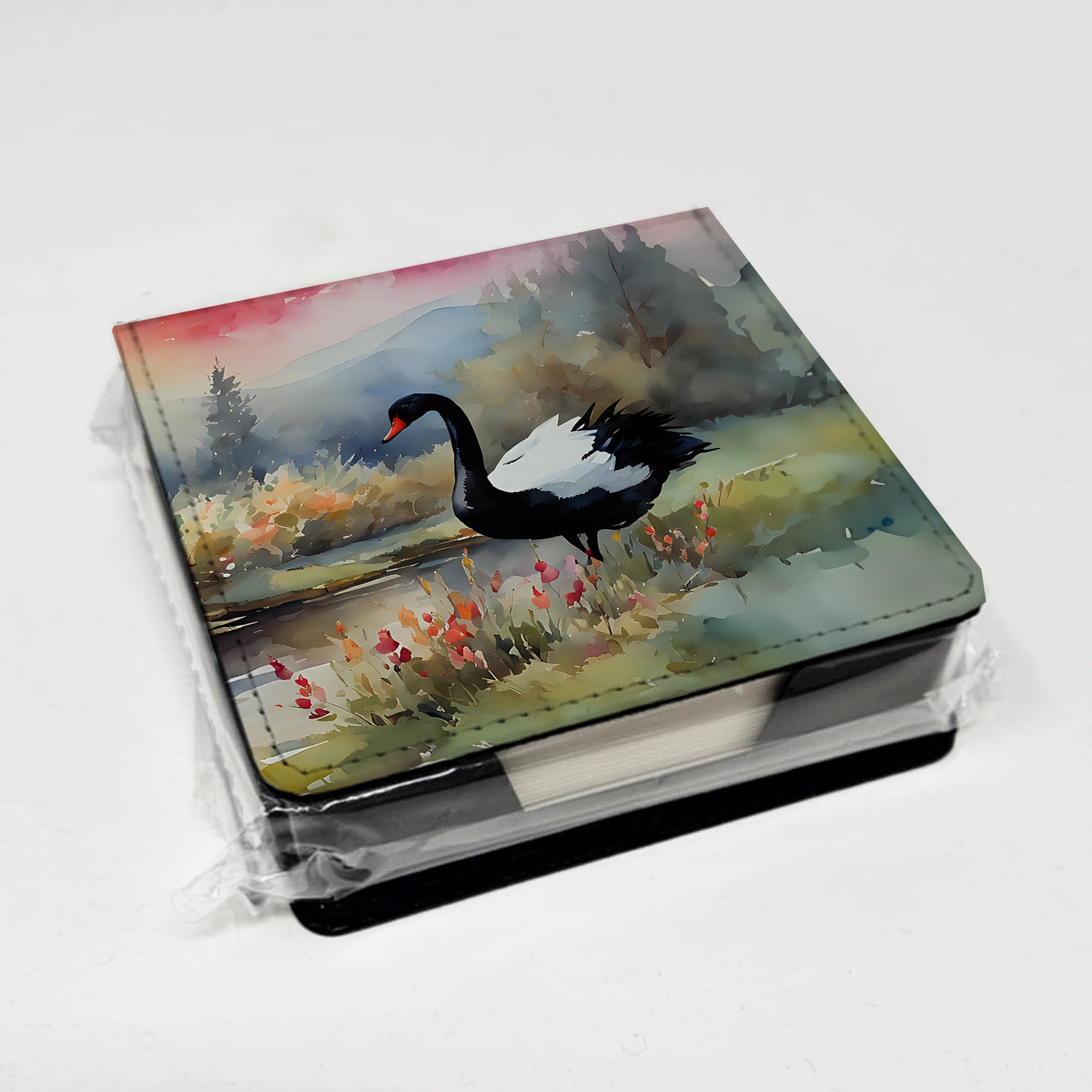 Black Swan Lake Scene Landscape PU Leather Note Paper Holder with Artist-Designed Cover, Desk Accessory, Office Gift