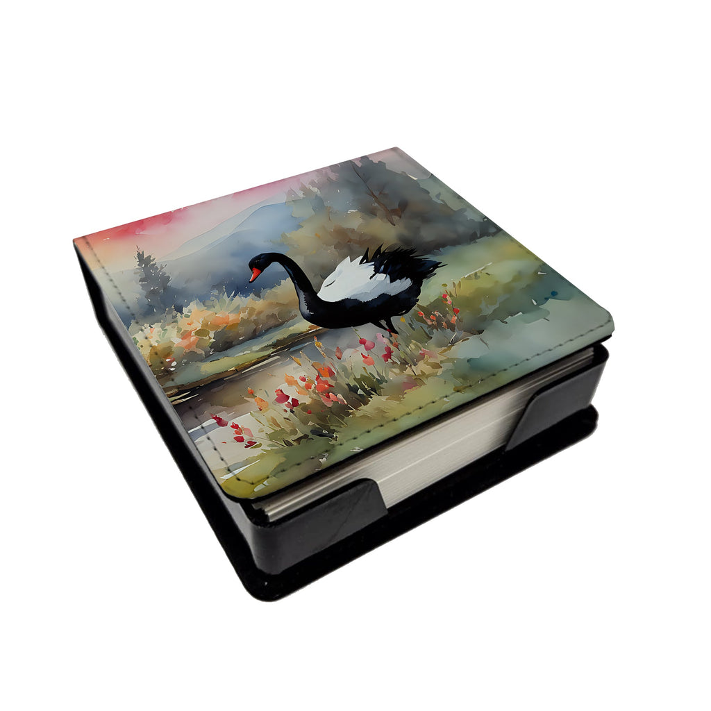 Black Swan Lake Scene Landscape PU Leather Note Paper Holder with Artist-Designed Cover, Desk Accessory, Office Gift