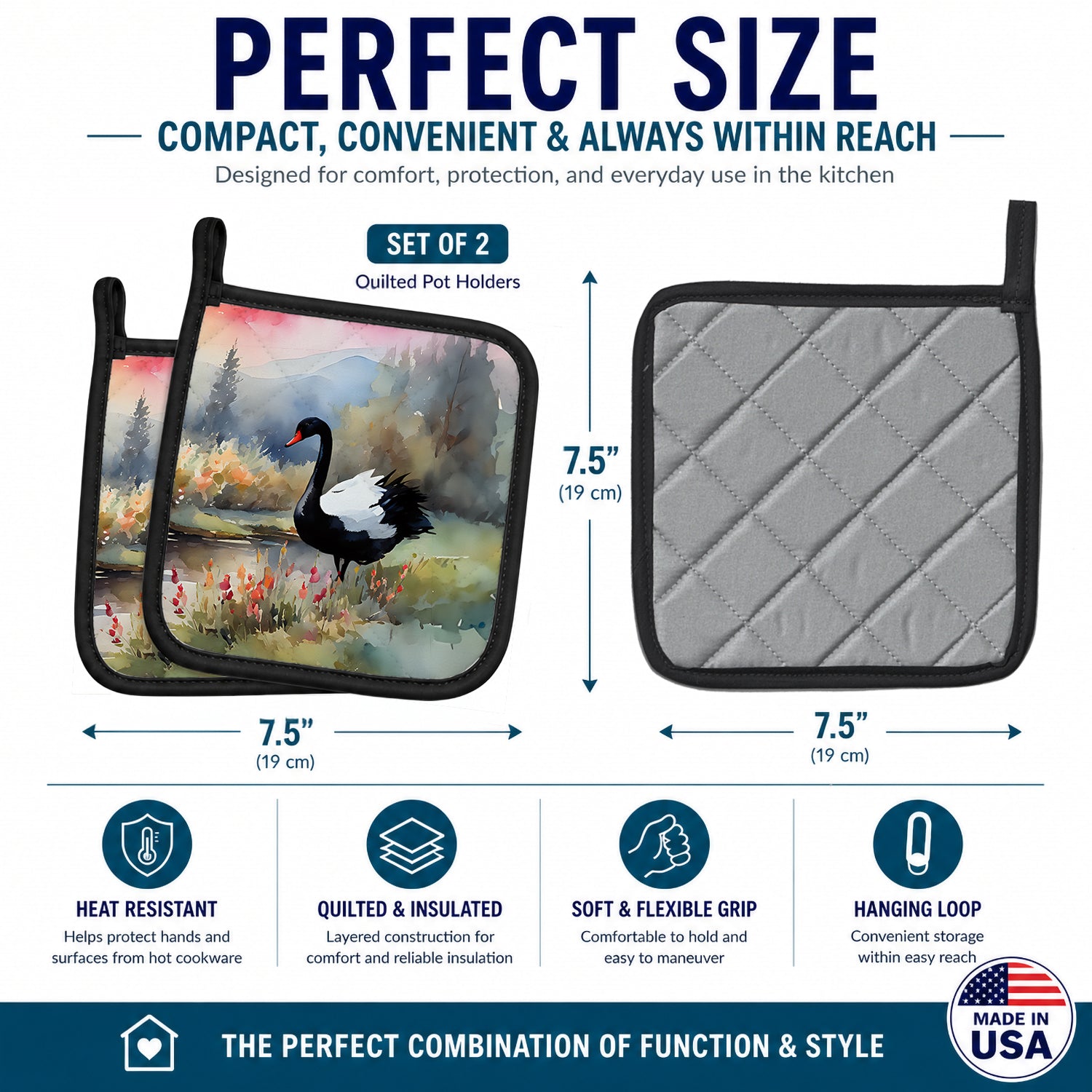 Black Swan Lake Scene Landscape Pot Holder Set of 2 Heat Resistant Quilted Hot Pads 7.5 x 7.5 Inch, Insulated Kitchen Trivets for Cooking & Baking