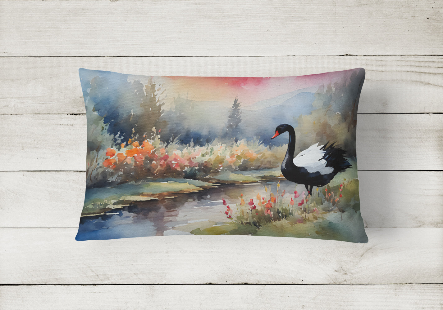 Black Swan Lake Scene Landscape Decorative Throw Pillow 12x16 Indoor Outdoor Accent Cushion, Fabric Cover with Insert for Sofa, Bed, Porch & Living Room