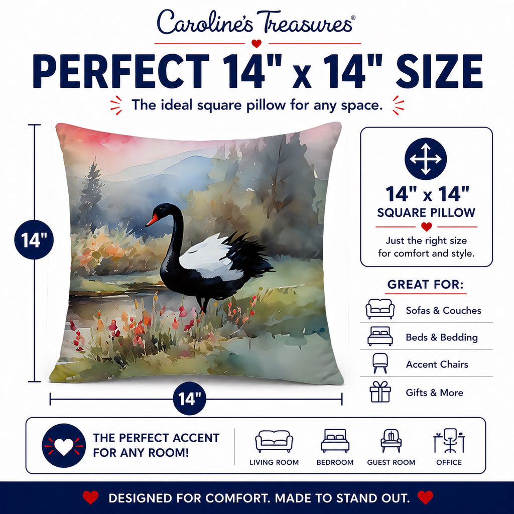 Black Swan Lake Scene Landscape Decorative Throw Pillow 14x14 Indoor Outdoor Accent Cushion, Fabric Cover with Insert for Sofa, Bed, Porch & Living Room