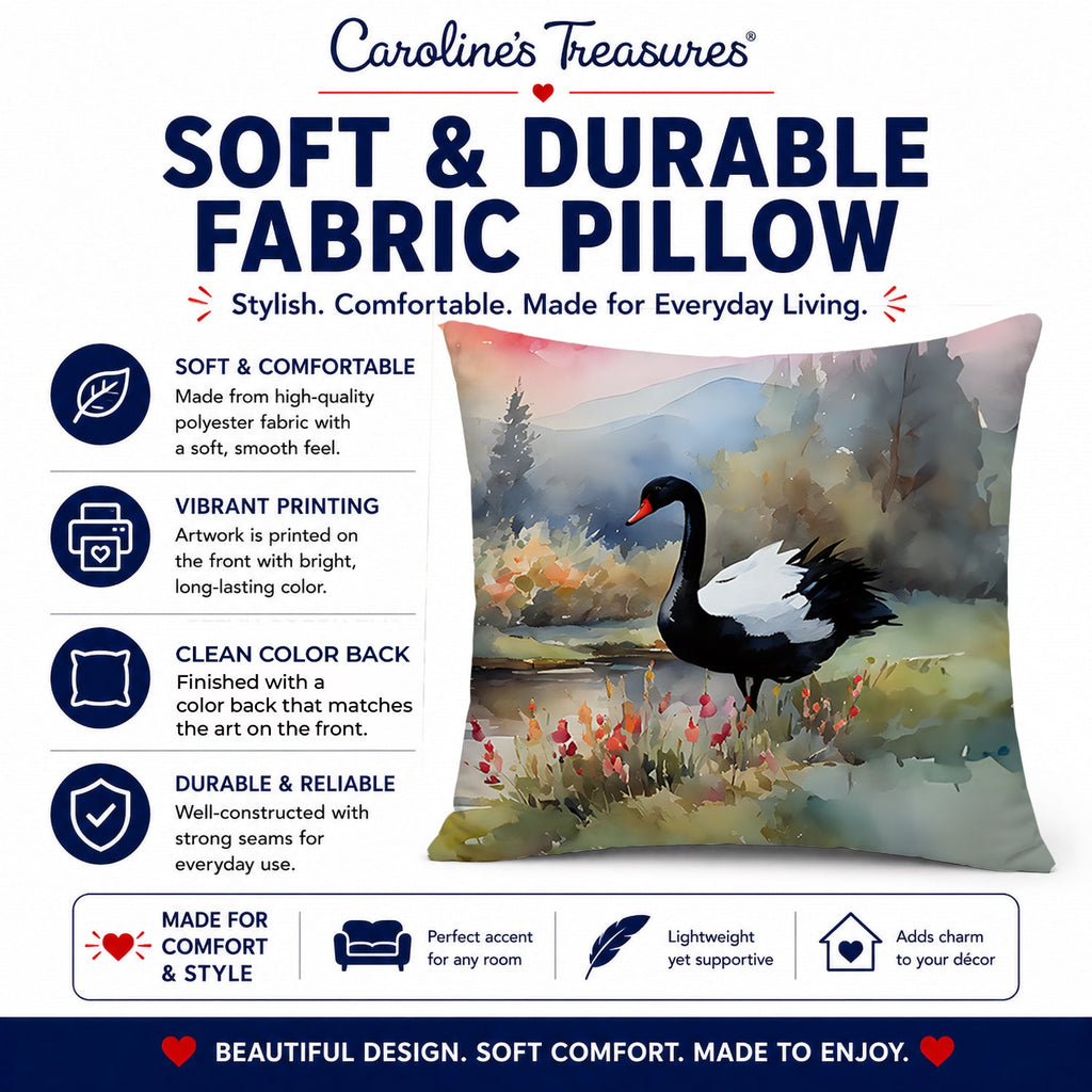 Black Swan Lake Scene Landscape Decorative Throw Pillow 18x18 Indoor Outdoor Accent Cushion, Fabric Cover with Insert for Sofa, Bed, Porch & Living Room