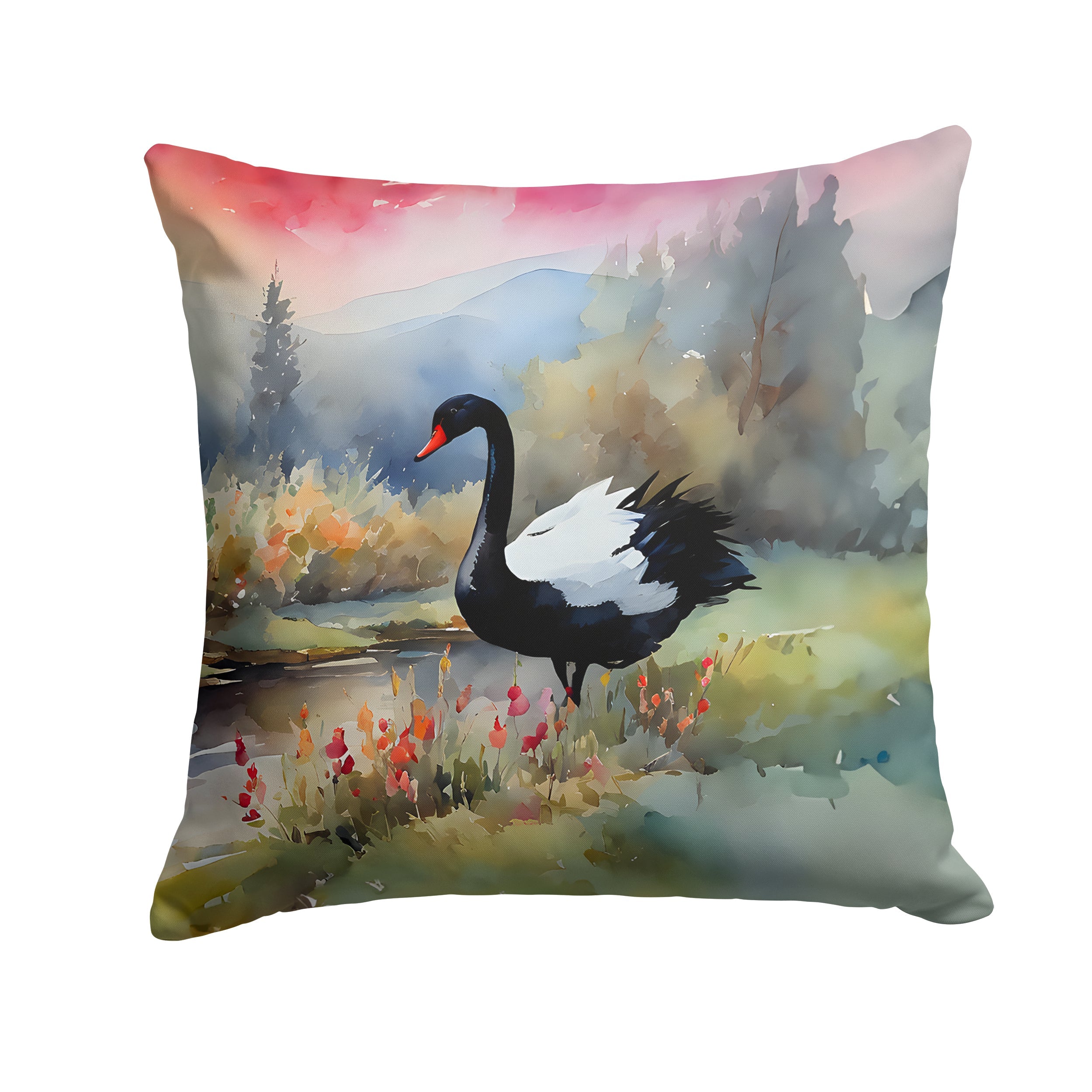 Black Swan Lake Scene Landscape Decorative Throw Pillow 18x18 Indoor Outdoor Accent Cushion, Fabric Cover with Insert for Sofa, Bed, Porch & Living Room