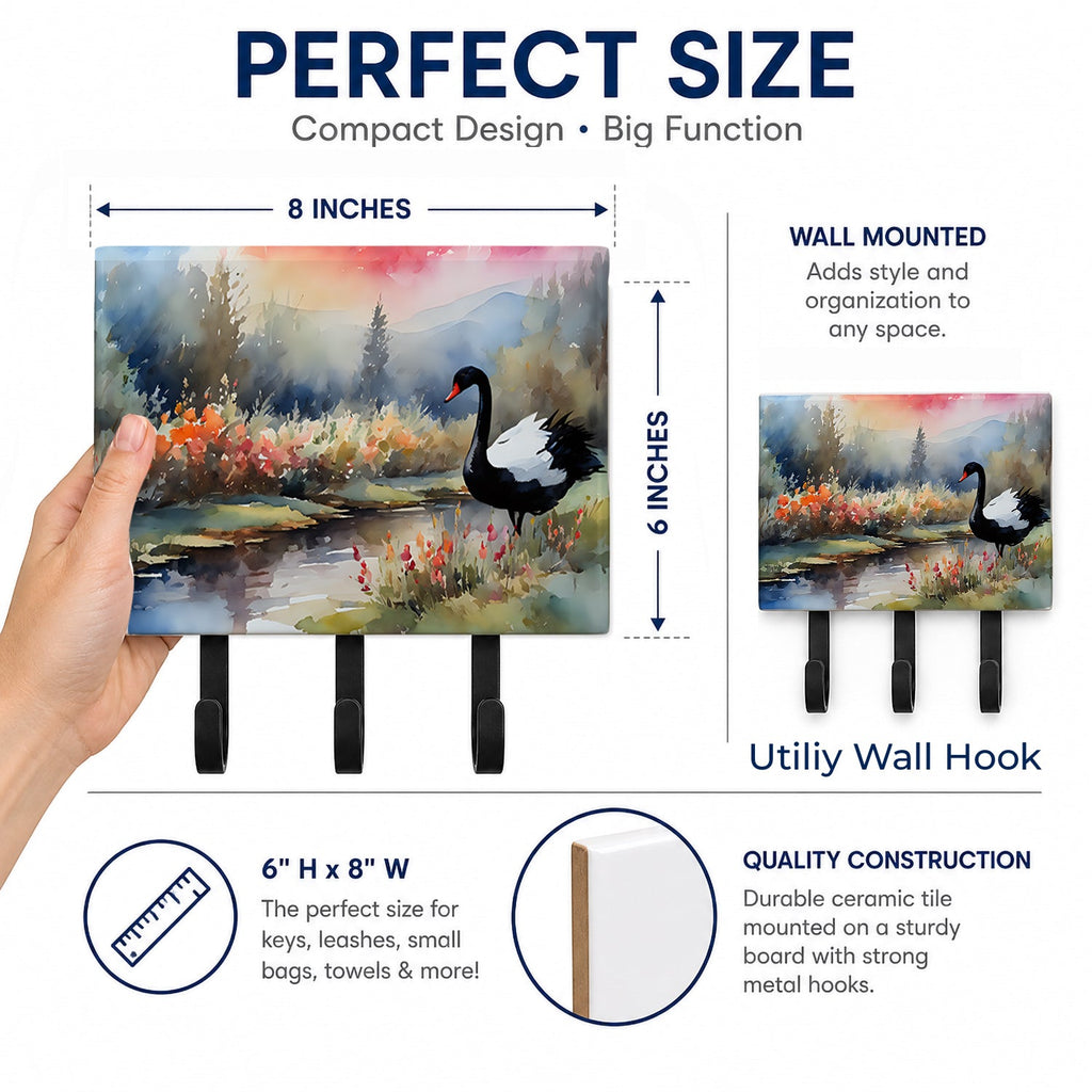 Black Swan Lake Scene Landscape Leash or Key Holder Wall Hooks, Coat Rack Wall Mount, for Hanging Keys, Towels, Aprons, Leashes