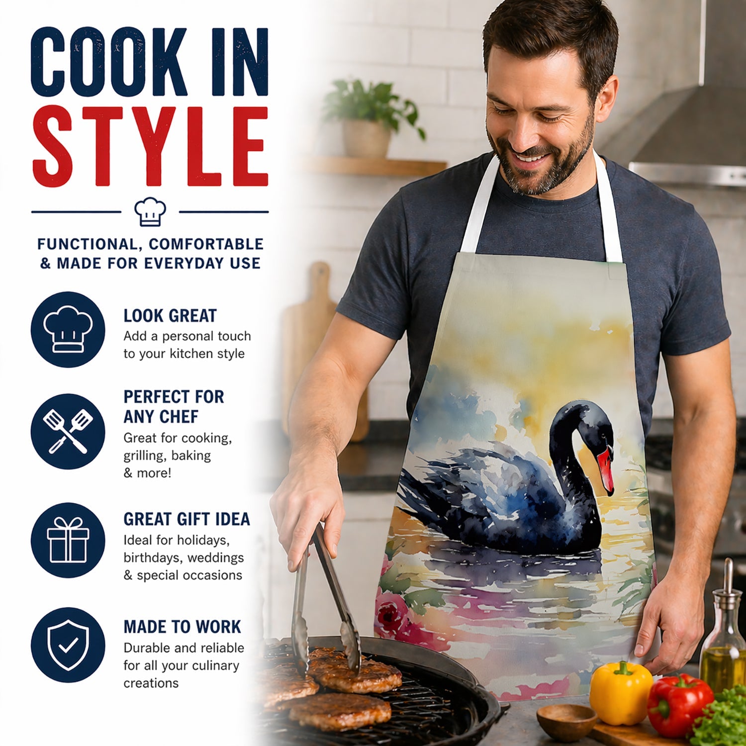 Black Swan with Flowers Elegant Watercolor Apron Cooking Kitchen Server Baking Crafts Gardening for Adult Women Men, Unisex, Large, Multicolor