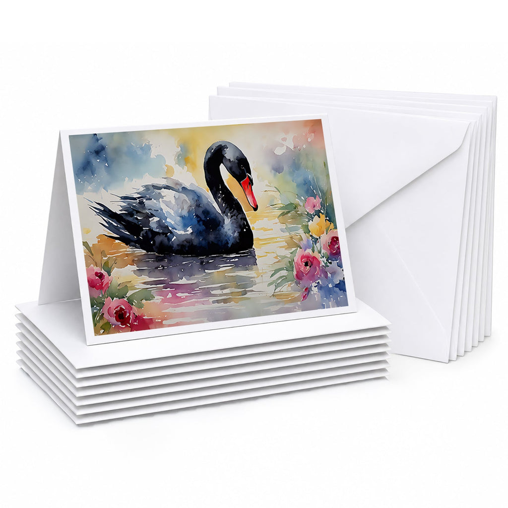Black Swan with Flowers Elegant Watercolor Greeting Cards Pack of 8 Blank Cards with Envelopes Whimsical A7 Size 5x7