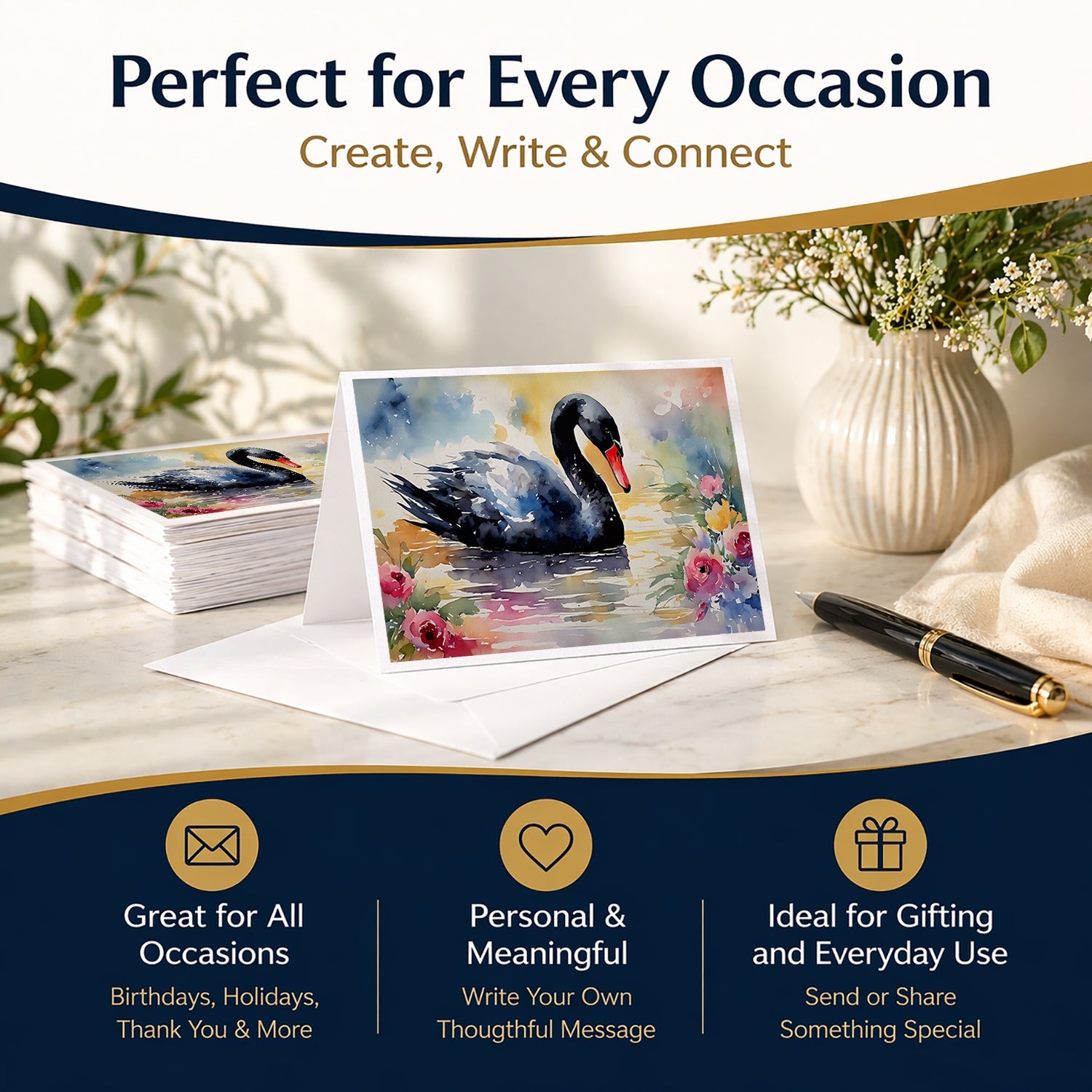 Black Swan with Flowers Elegant Watercolor Greeting Cards Pack of 8 Blank Cards with Envelopes Whimsical A7 Size 5x7