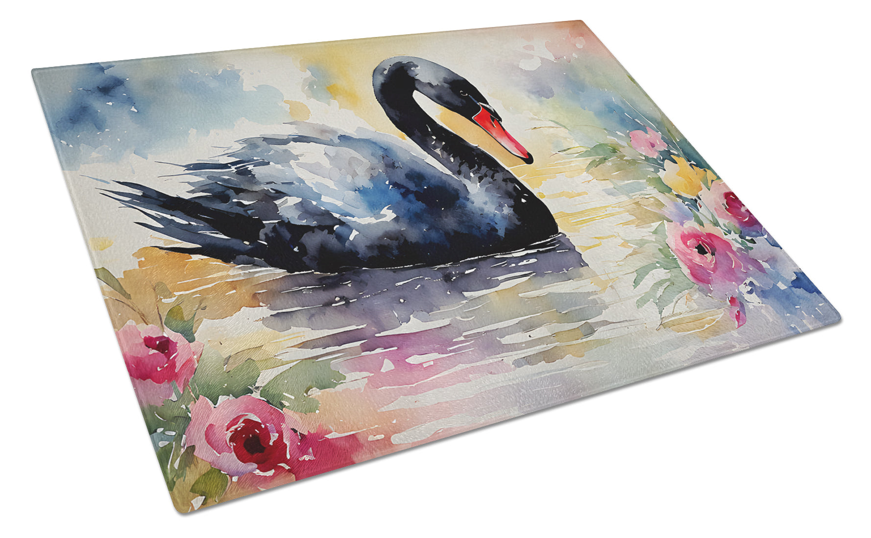 Black Swan with Flowers Elegant Watercolor Cutting Board Tempered Glass Kitchen Cutting Surface, Heat Resistant Chopping, Non-Slip Feet, Food Prep & Serving