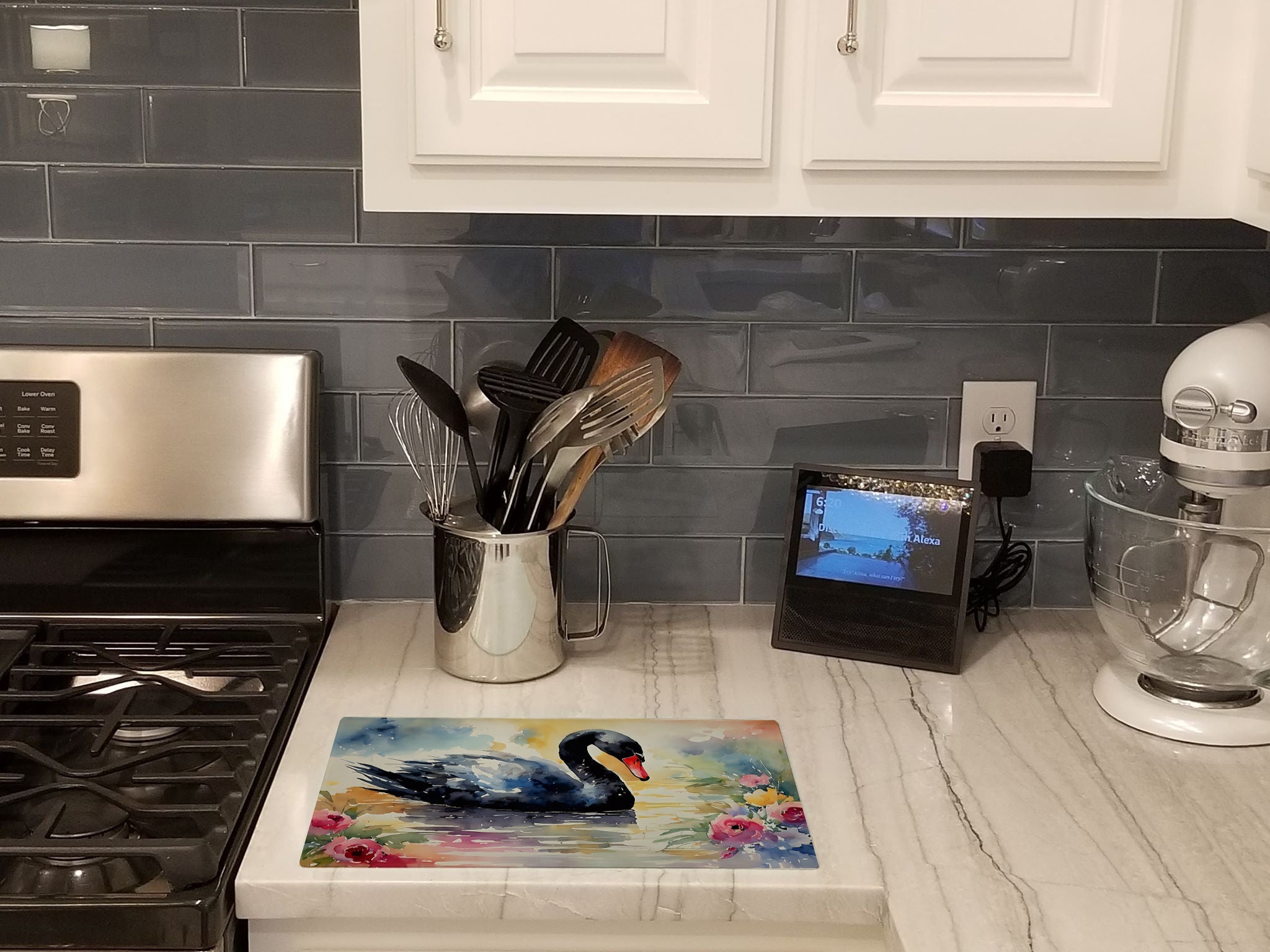 Black Swan with Flowers Elegant Watercolor Cutting Board Tempered Glass Kitchen Cutting Surface, Heat Resistant Chopping, Non-Slip Feet, Food Prep & Serving
