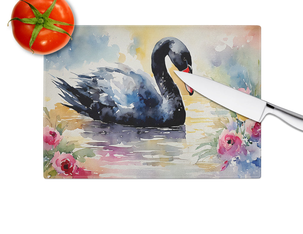 Black Swan with Flowers Elegant Watercolor Cutting Board Tempered Glass Kitchen Cutting Surface, Heat Resistant Chopping, Non-Slip Feet, Food Prep & Serving