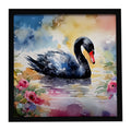 Black Swan with Flowers Elegant Watercolor Framed Metal Print Bathroom, Kitchen, Office, Home Decor Wall Art Ready to Hang, Square, 8X8