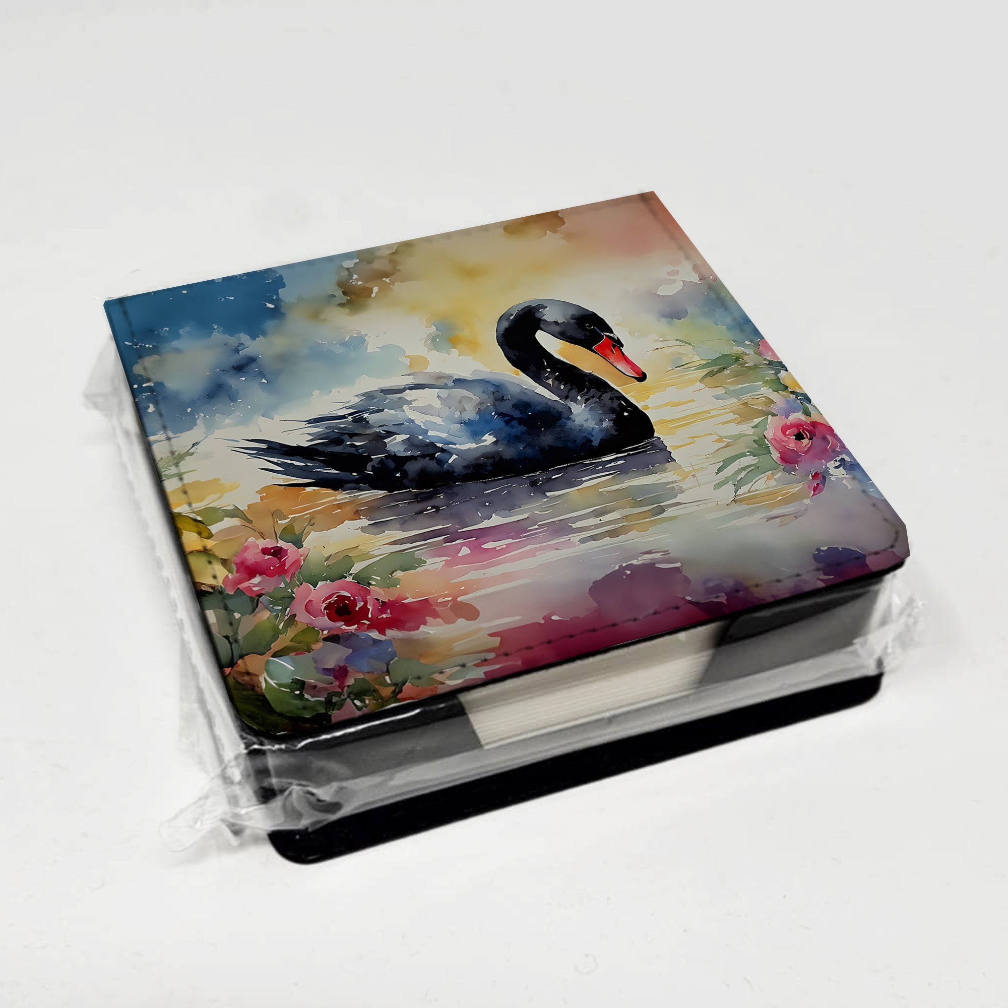 Black Swan with Flowers Elegant Watercolor PU Leather Note Paper Holder with Artist-Designed Cover, Desk Accessory, Office Gift