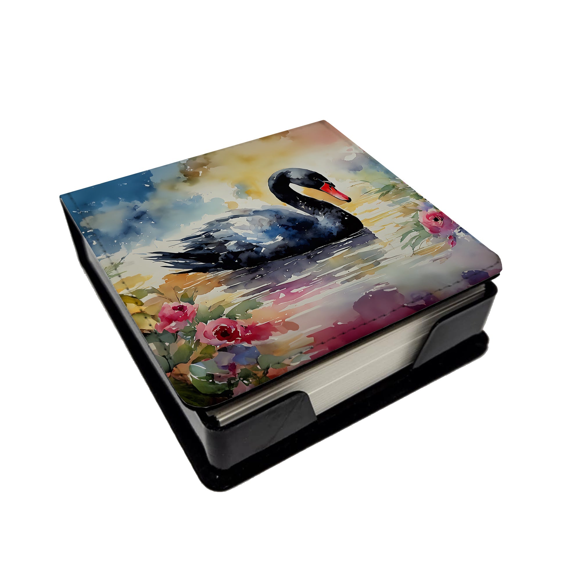 Black Swan with Flowers Elegant Watercolor PU Leather Note Paper Holder with Artist-Designed Cover, Desk Accessory, Office Gift