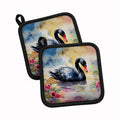 Black Swan with Flowers Elegant Watercolor Pot Holder Set of 2 Heat Resistant Quilted Hot Pads 7.5 x 7.5 Inch, Insulated Kitchen Trivets for Cooking & Baking