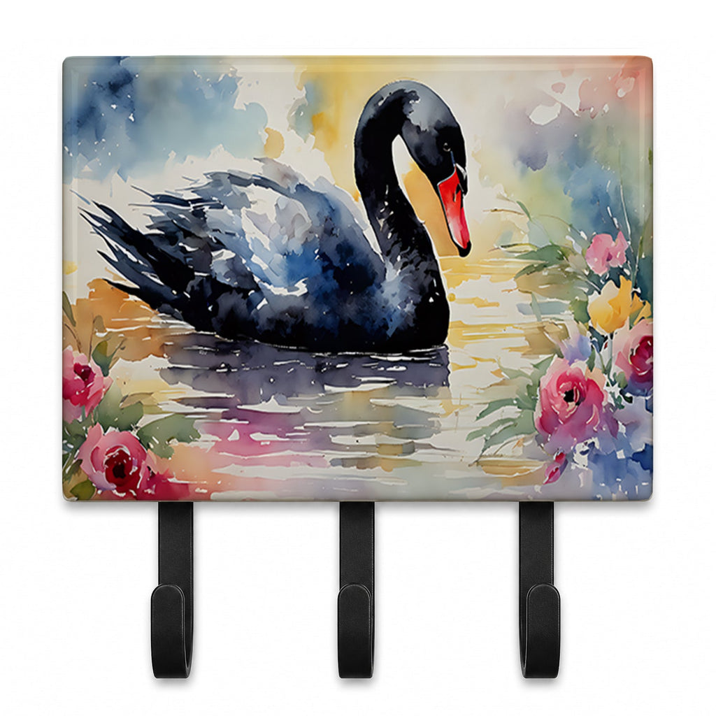Black Swan with Flowers Elegant Watercolor Leash or Key Holder Wall Hooks, Coat Rack Wall Mount, for Hanging Keys, Towels, Aprons, Leashes