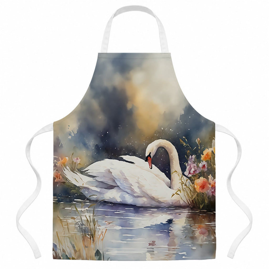 White Swan Swimming Peaceful Watercolor Apron Cooking Kitchen Server Baking Crafts Gardening for Adult Women Men, Unisex, Large, Multicolor