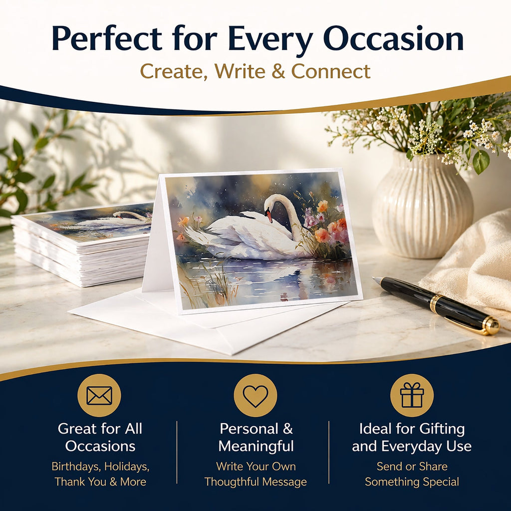 White Swan Swimming Peaceful Watercolor Greeting Cards Pack of 8 Blank Cards with Envelopes Whimsical A7 Size 5x7