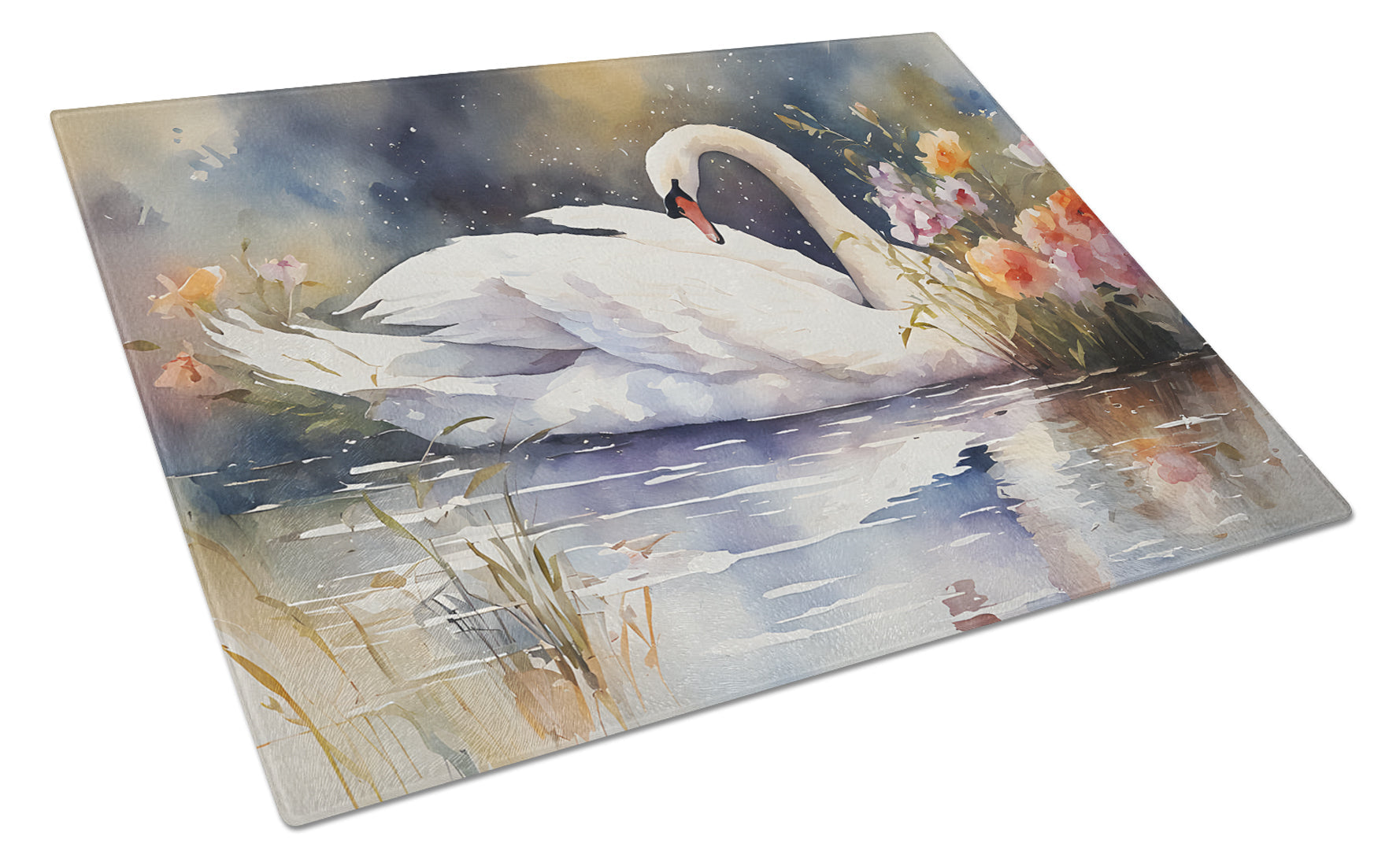 White Swan Swimming Peaceful Watercolor Cutting Board Tempered Glass Kitchen Cutting Surface, Heat Resistant Chopping, Non-Slip Feet, Food Prep & Serving