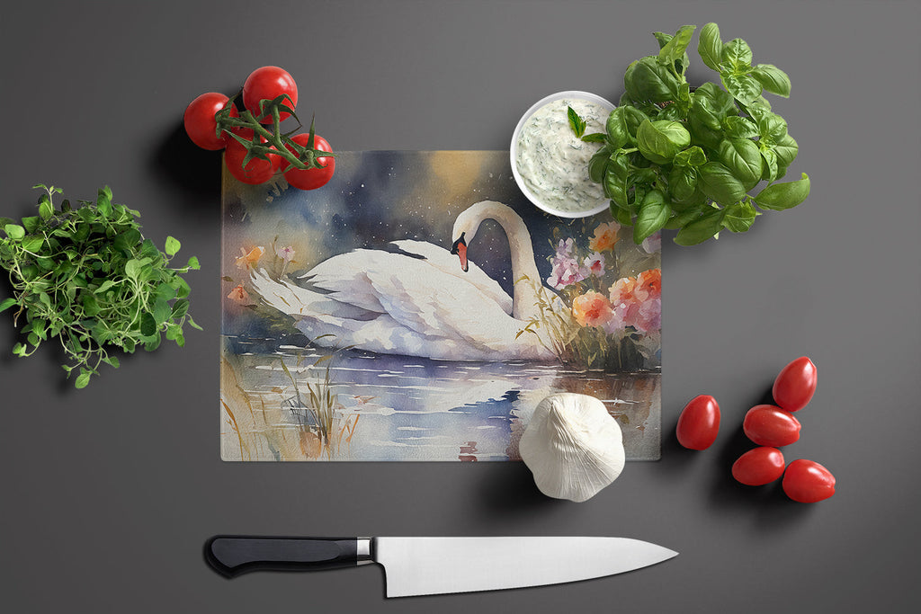 White Swan Swimming Peaceful Watercolor Cutting Board Tempered Glass Kitchen Cutting Surface, Heat Resistant Chopping, Non-Slip Feet, Food Prep & Serving