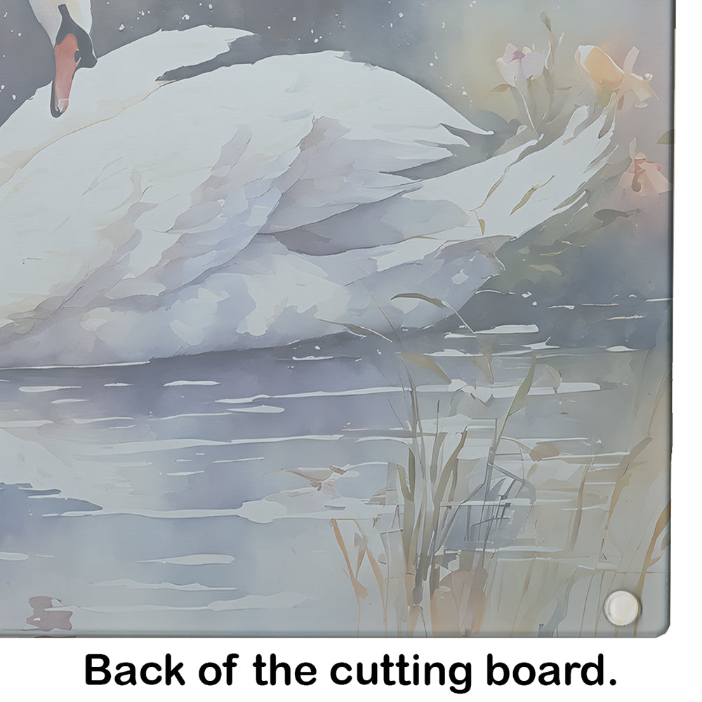 White Swan Swimming Peaceful Watercolor Cutting Board Tempered Glass Kitchen Cutting Surface, Heat Resistant Chopping, Non-Slip Feet, Food Prep & Serving