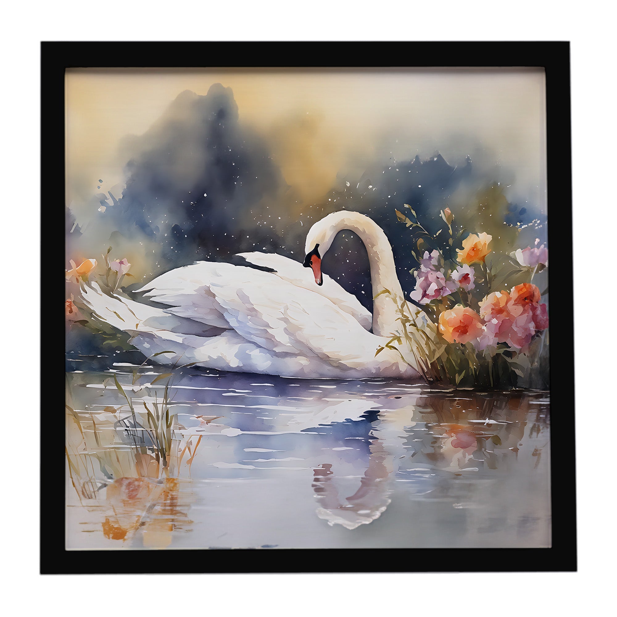 White Swan Swimming Peaceful Watercolor Framed Metal Print Bathroom, Kitchen, Office, Home Decor Wall Art Ready to Hang, Square, 8X8