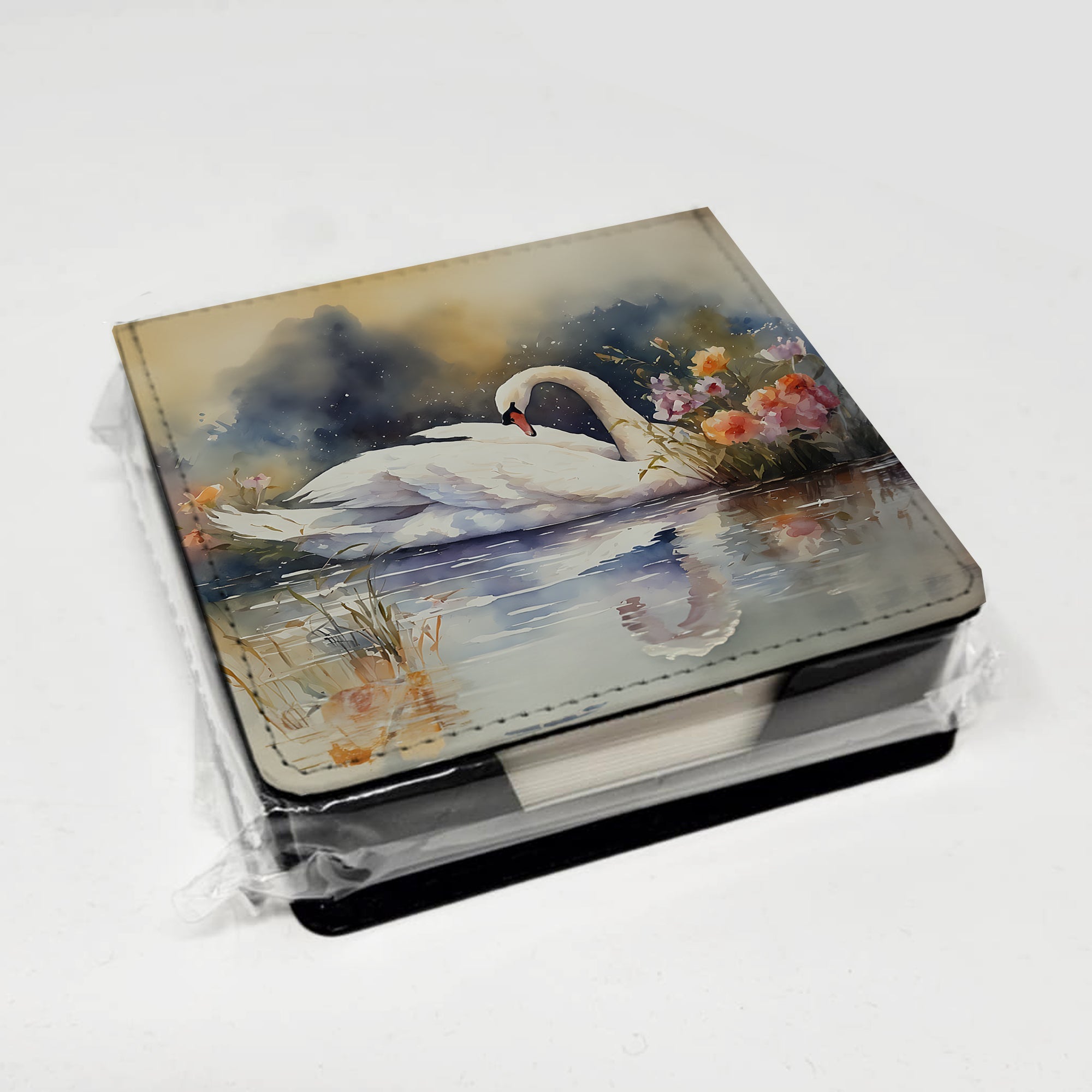 White Swan Swimming Peaceful Watercolor PU Leather Note Paper Holder with Artist-Designed Cover, Desk Accessory, Office Gift