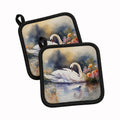 White Swan Swimming Peaceful Watercolor Pot Holder Set of 2 Heat Resistant Quilted Hot Pads 7.5 x 7.5 Inch, Insulated Kitchen Trivets for Cooking & Baking