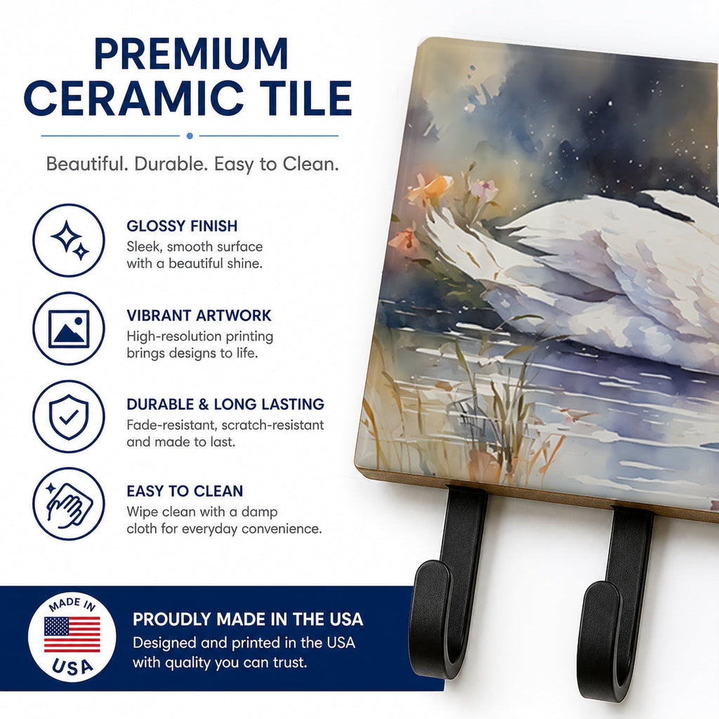 White Swan Swimming Peaceful Watercolor Leash or Key Holder Wall Hooks, Coat Rack Wall Mount, for Hanging Keys, Towels, Aprons, Leashes