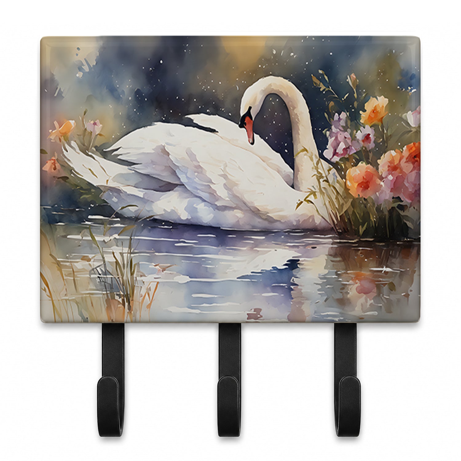 White Swan Swimming Peaceful Watercolor Leash or Key Holder Wall Hooks, Coat Rack Wall Mount, for Hanging Keys, Towels, Aprons, Leashes